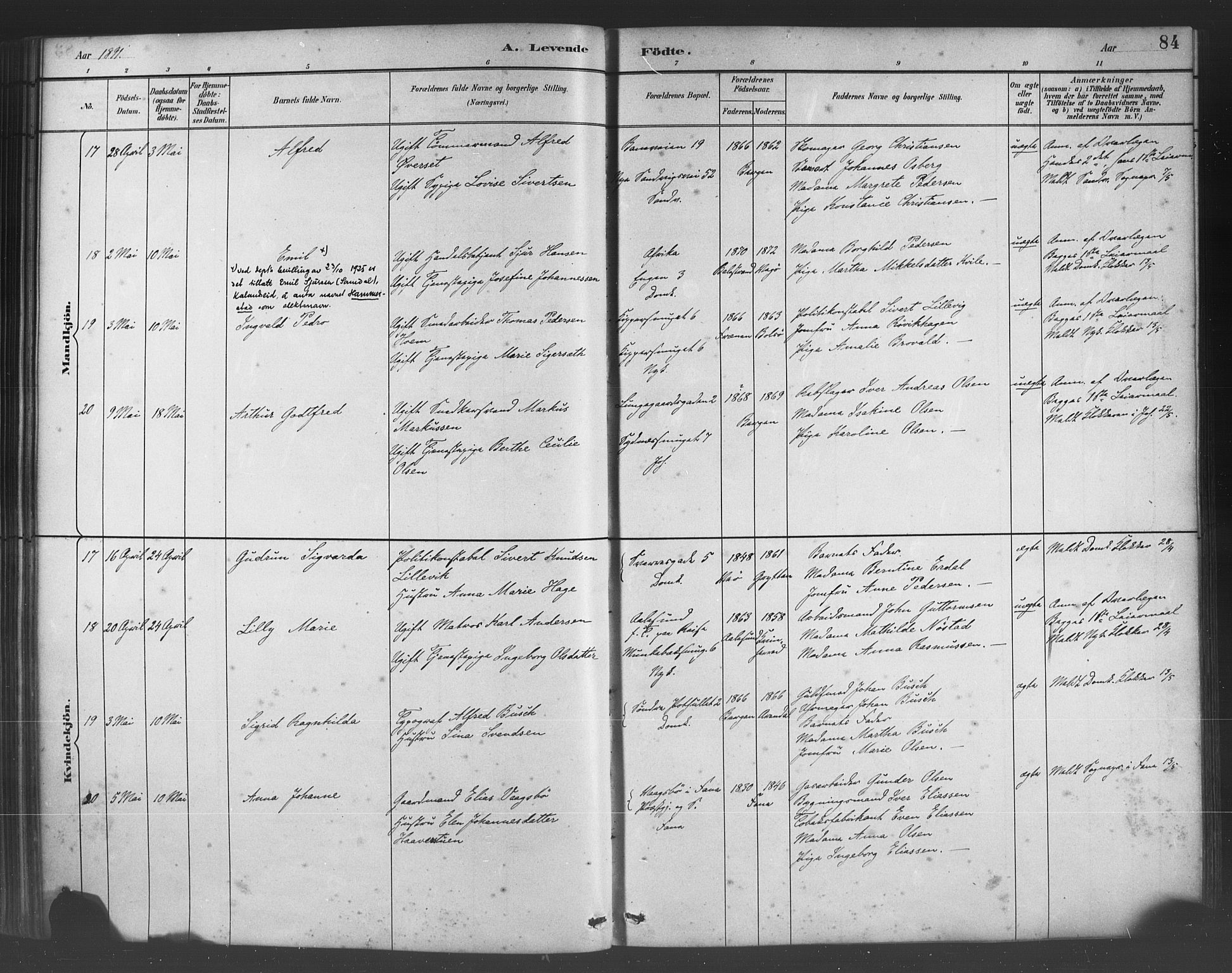 Fødselsstiftelsens sokneprestembete*, SAB/-: Parish register (official) no. A 2, 1884-1900, p. 84