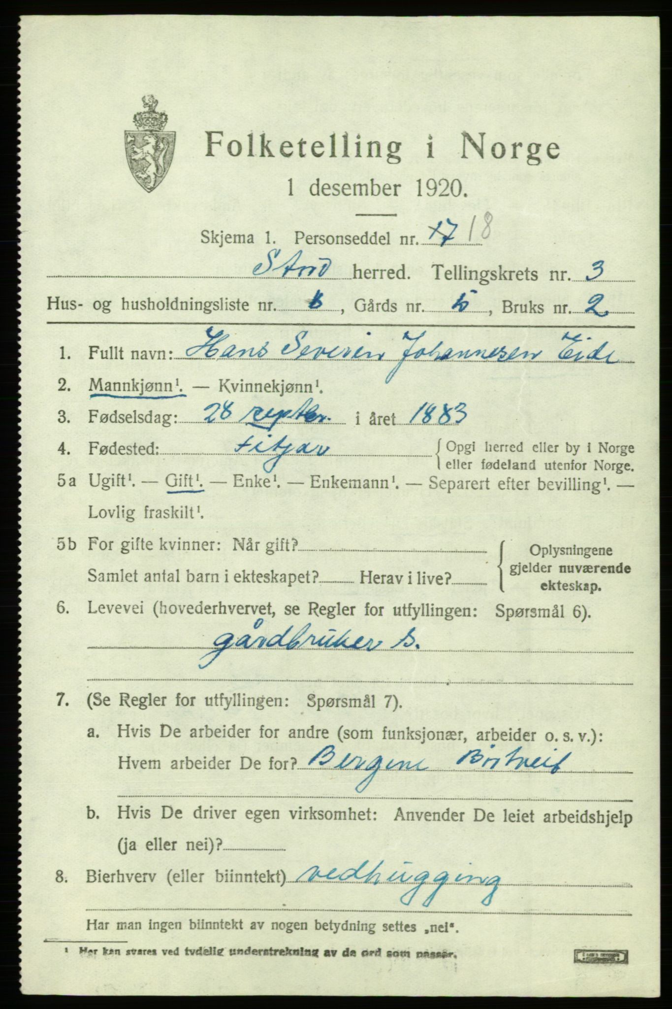 SAB, 1920 census for Stord, 1920, p. 1937