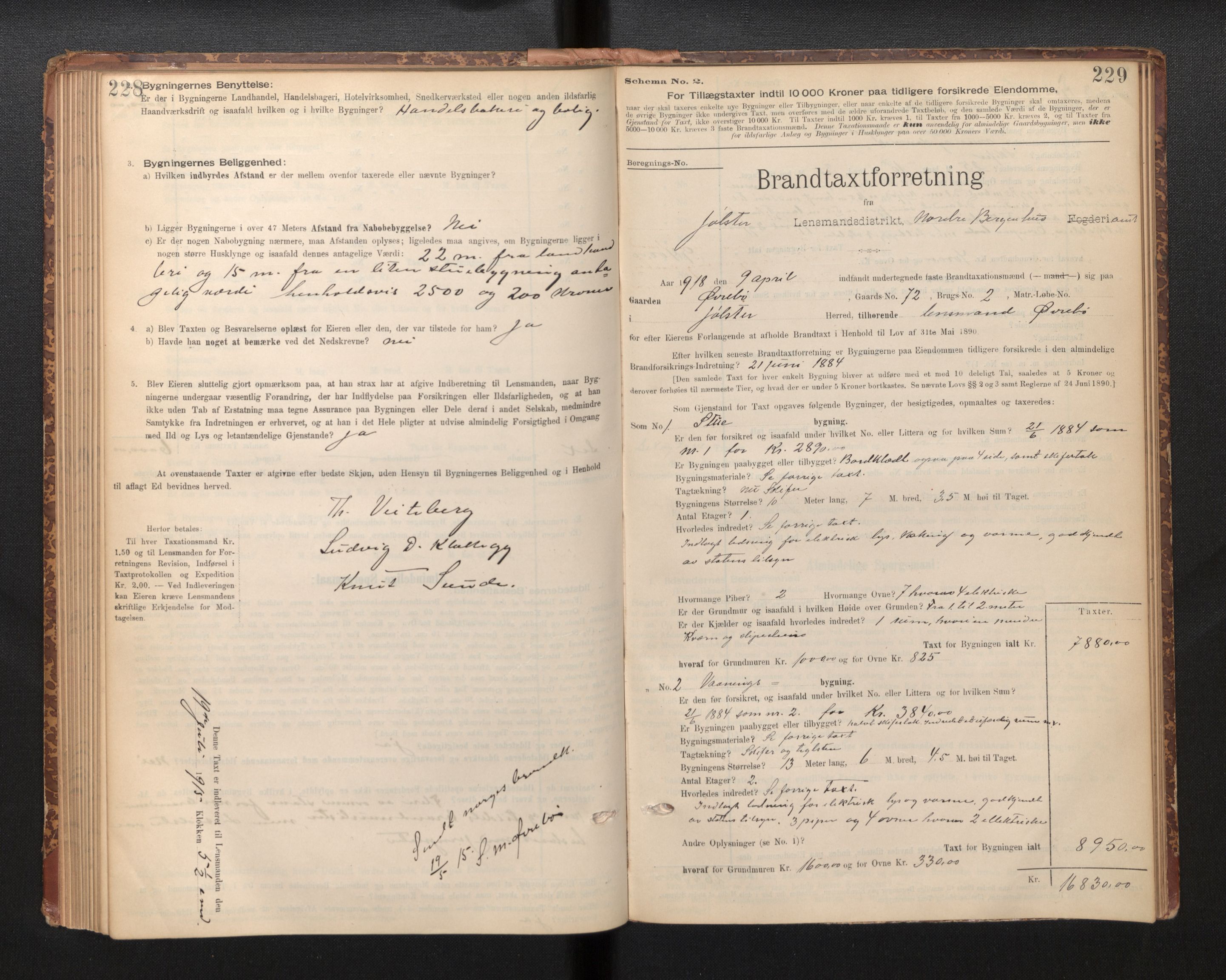 Lensmannen i Jølster, SAB/A-28701/0012/L0004: Branntakstprotokoll, skjematakst, 1895-1923, p. 228-229