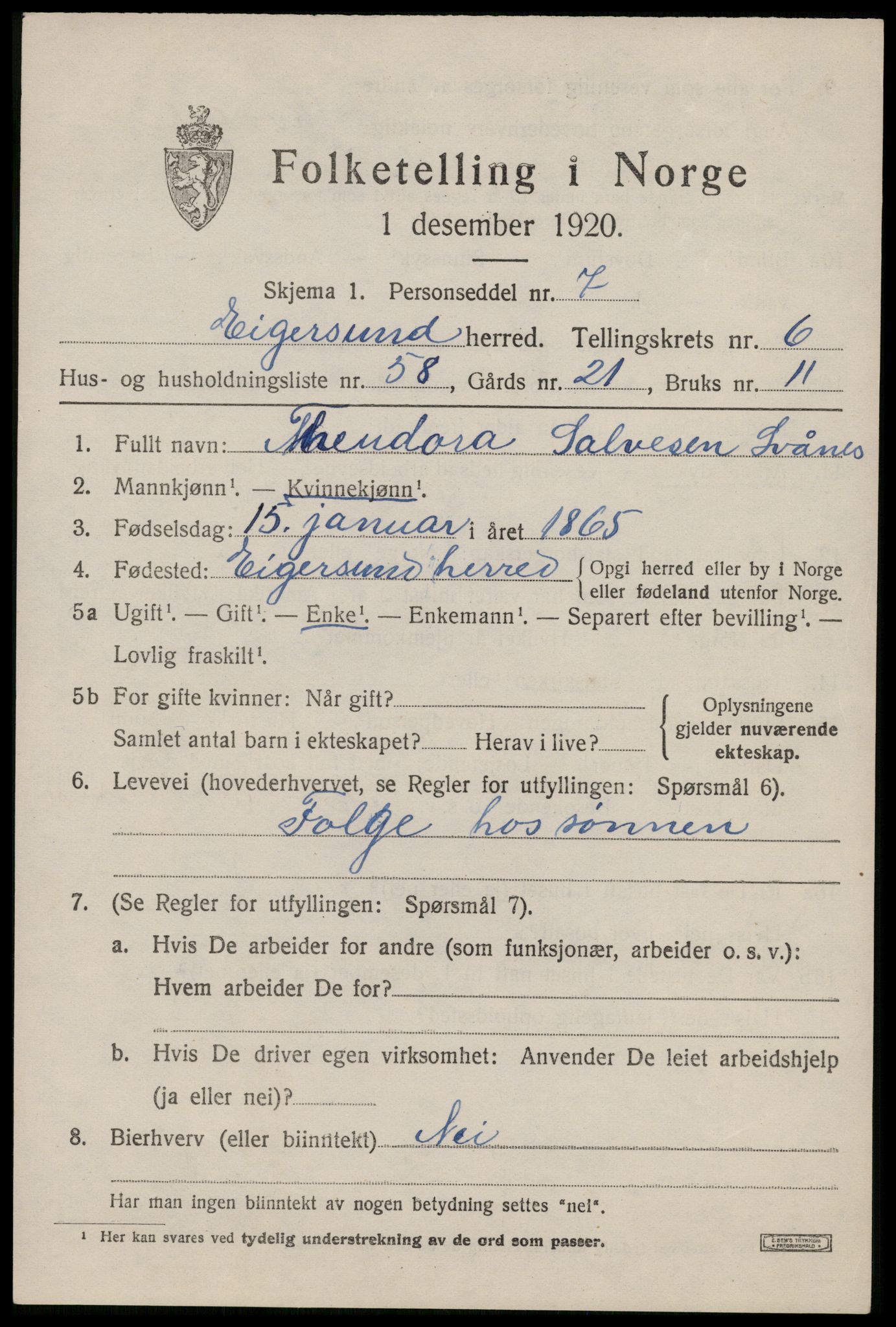 SAST, 1920 census for Eigersund, 1920, p. 4603