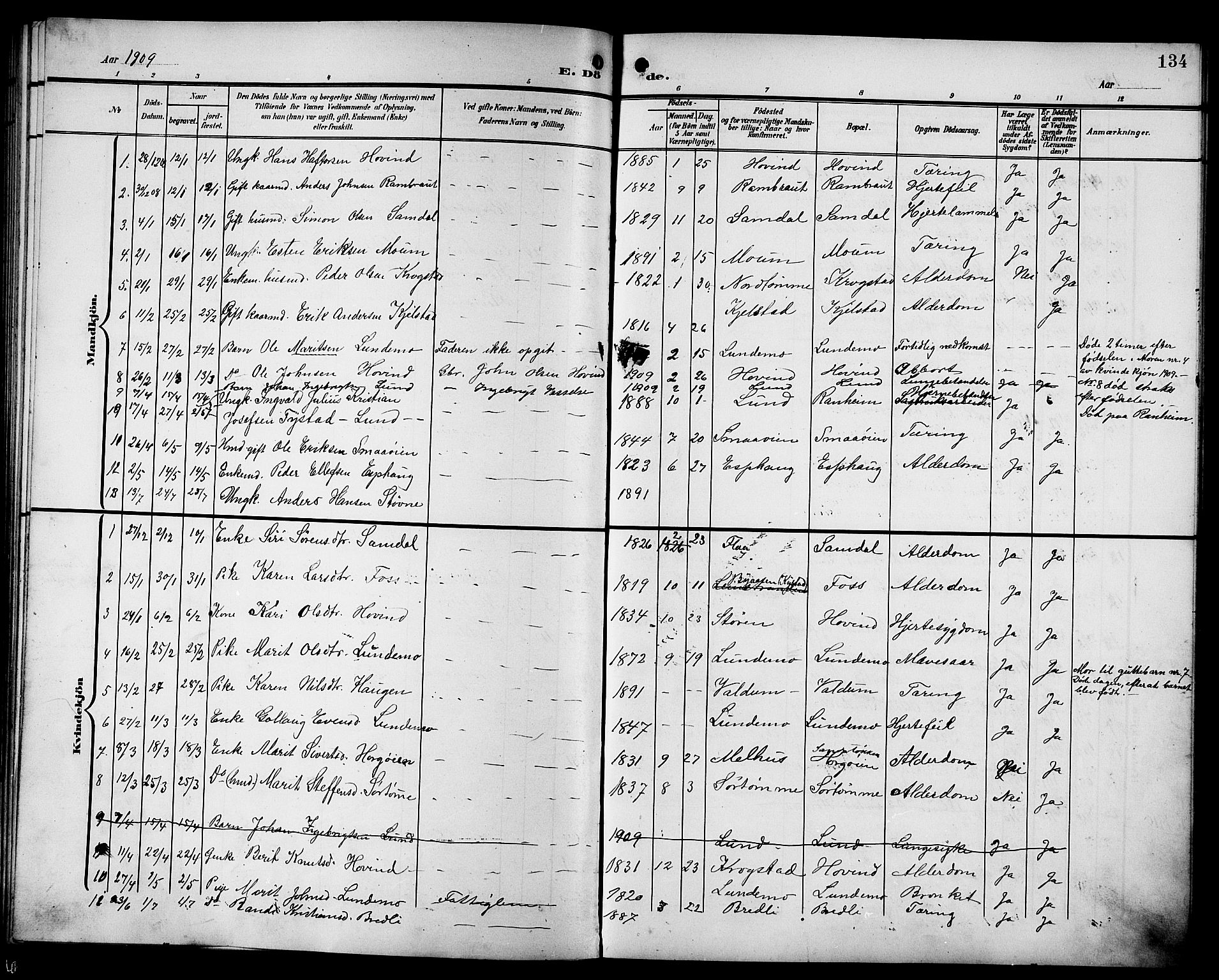 Ministerialprotokoller, klokkerbøker og fødselsregistre - Sør-Trøndelag, AV/SAT-A-1456/692/L1112: Parish register (copy) no. 692C07, 1904-1918, p. 134