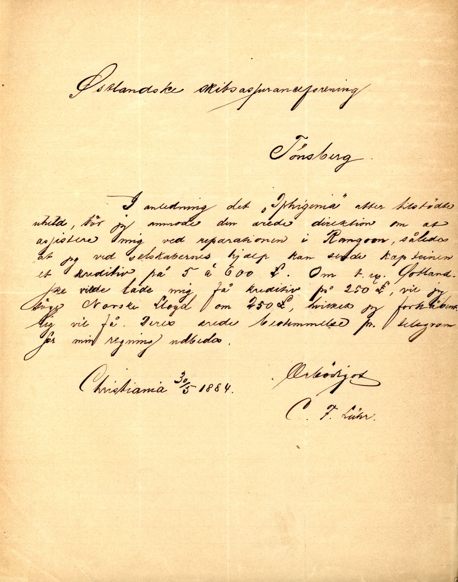 Pa 63 - Østlandske skibsassuranceforening, VEMU/A-1079/G/Ga/L0017/0014: Havaridokumenter / Petrus, Vera, Venus, Iphigenia, Jarlsberg, Harmonia, 1884, p. 73