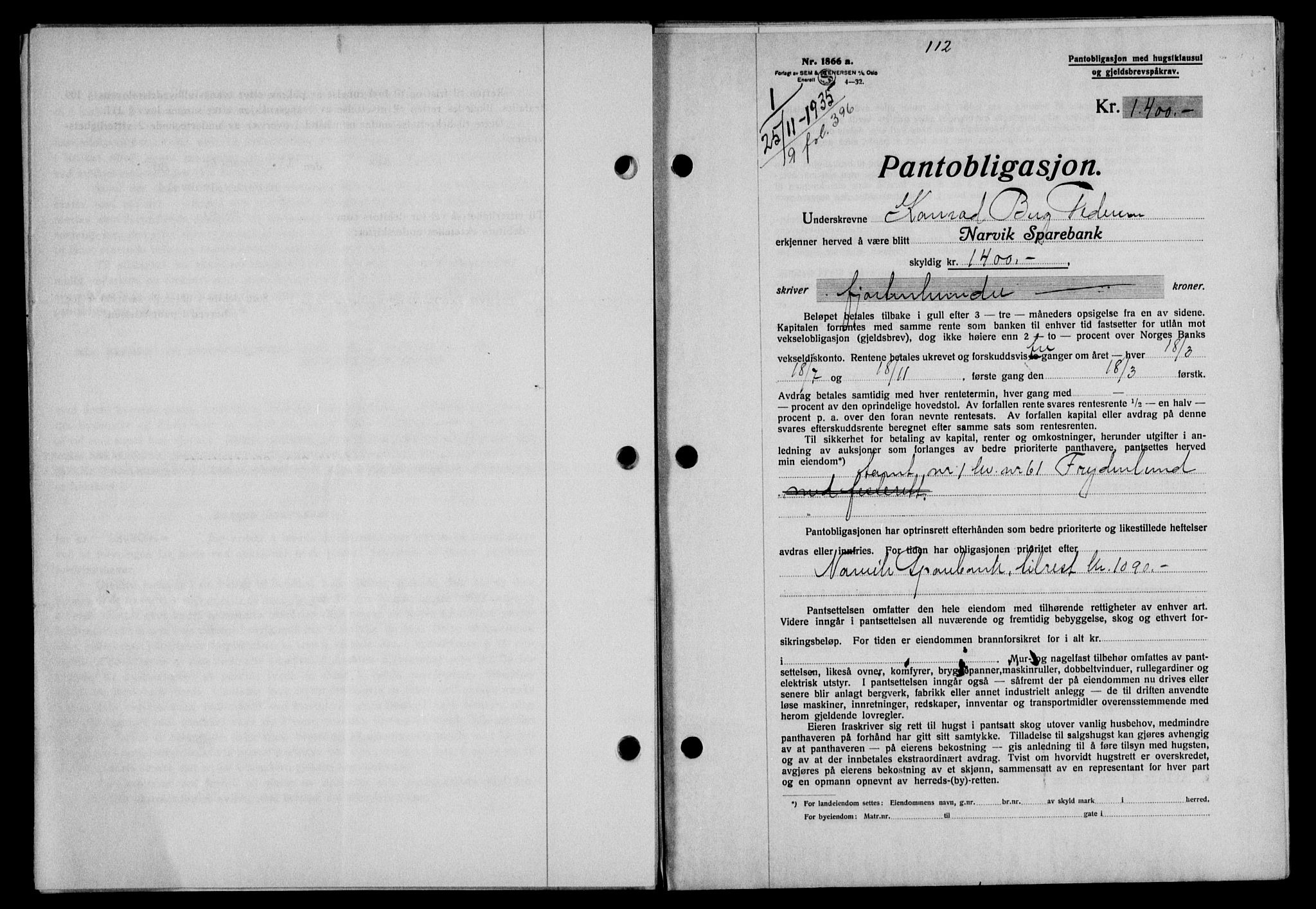 Narvik sorenskriveri, SAT/A-0002/1/2/2C/2Ca/L0011: Mortgage book no. 14, 1935-1937, Deed date: 25.11.1935