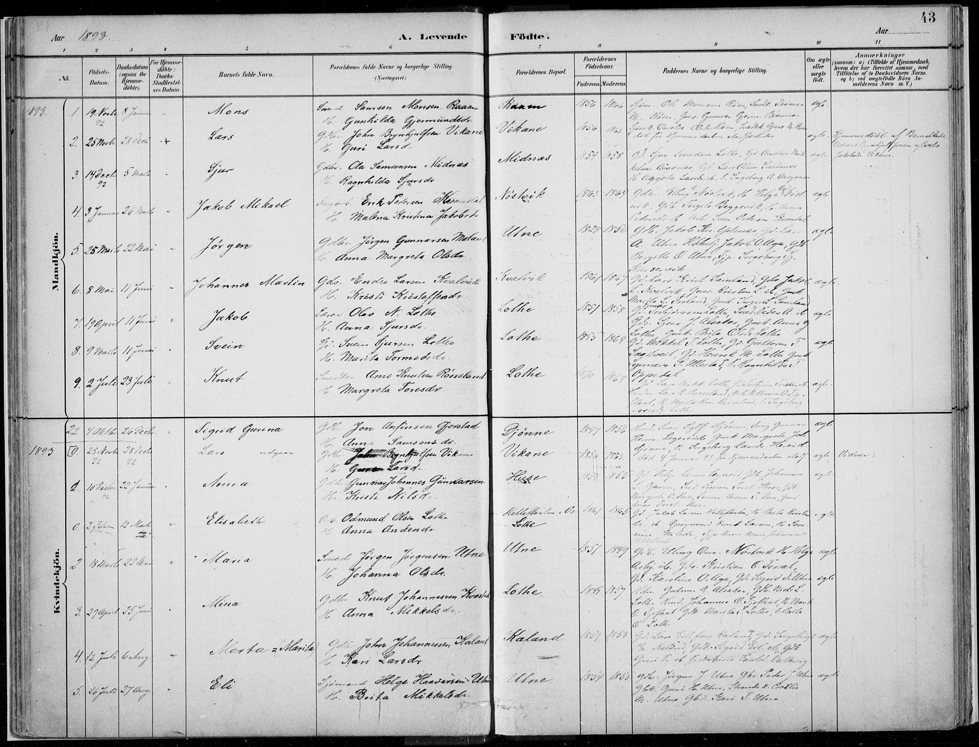 Ullensvang sokneprestembete, SAB/A-78701/H/Haa: Parish register (official) no. E  1, 1882-1921, p. 43