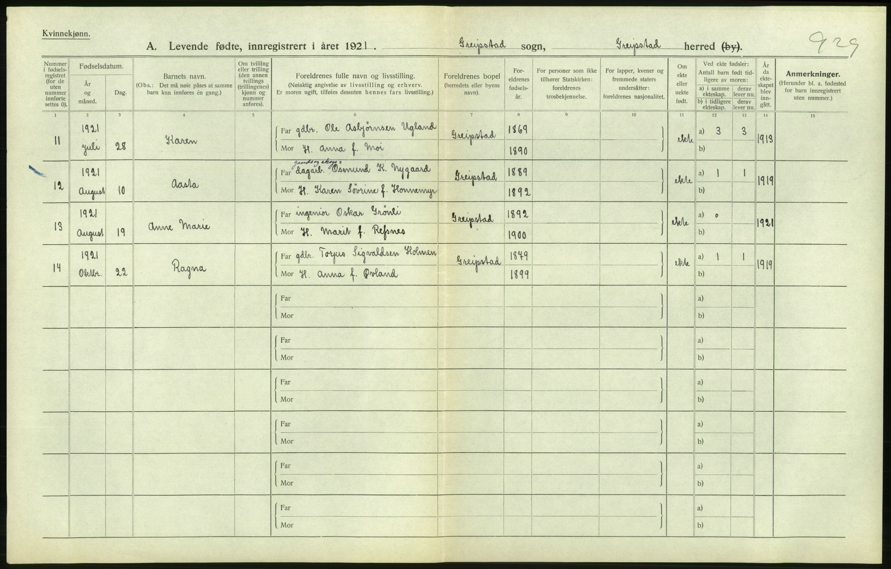 Statistisk sentralbyrå, Sosiodemografiske emner, Befolkning, AV/RA-S-2228/D/Df/Dfc/Dfca/L0026: Vest-Agder fylke: Levendefødte menn og kvinner. Bygder og byer., 1921, p. 224