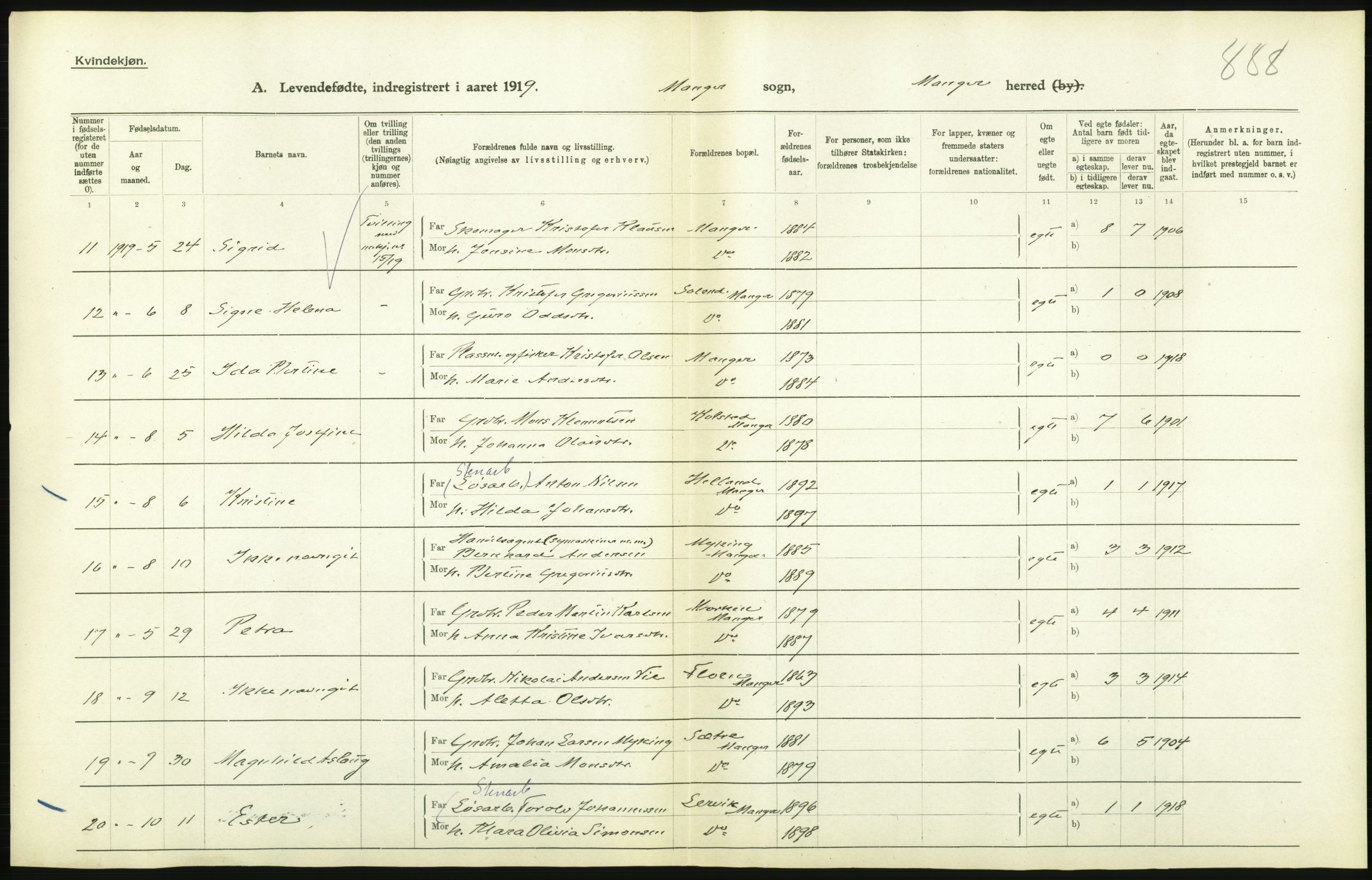 Statistisk sentralbyrå, Sosiodemografiske emner, Befolkning, AV/RA-S-2228/D/Df/Dfb/Dfbi/L0031: Hordaland fylke: Levendefødte menn og kvinner. Bygder., 1919, p. 36