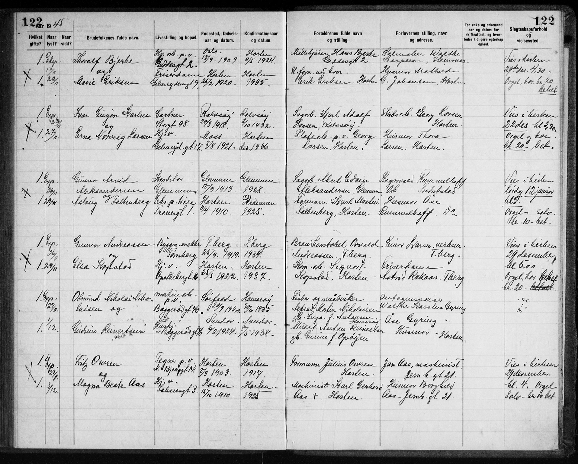 Horten kirkebøker, AV/SAKO-A-348/H/Ha/L0007: Banns register no. 7, 1934-1947, p. 122