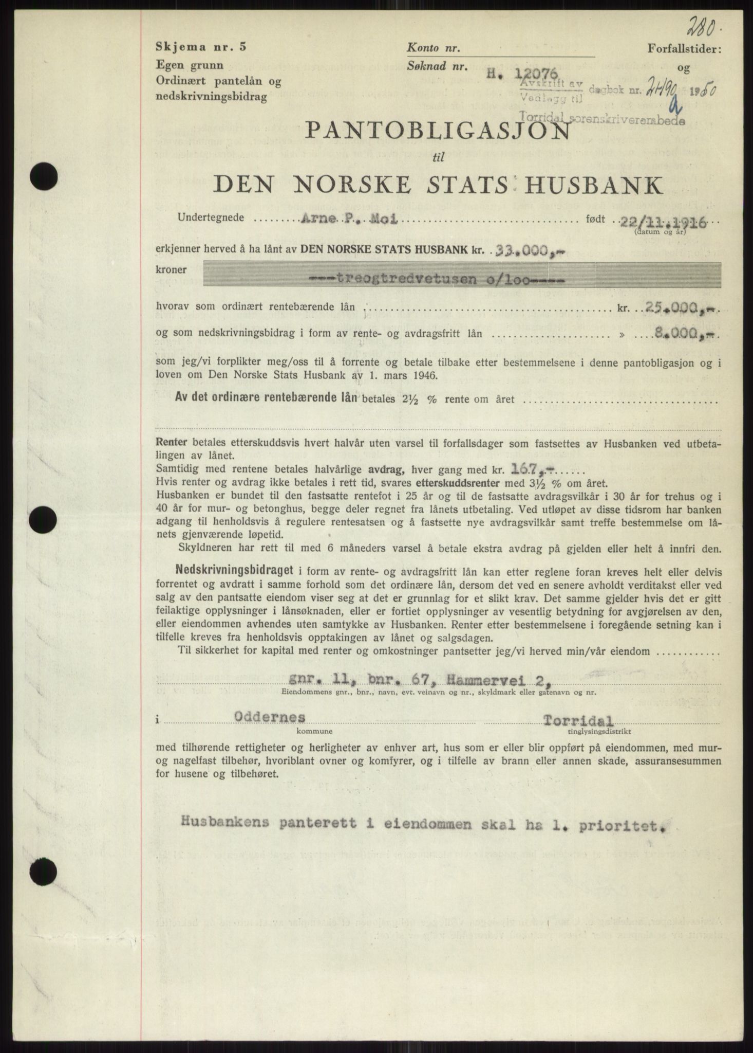 Torridal sorenskriveri, AV/SAK-1221-0012/G/Gb/Gbb/L0020: Mortgage book no. 63B, 1950-1950, Diary no: : 2490/1950