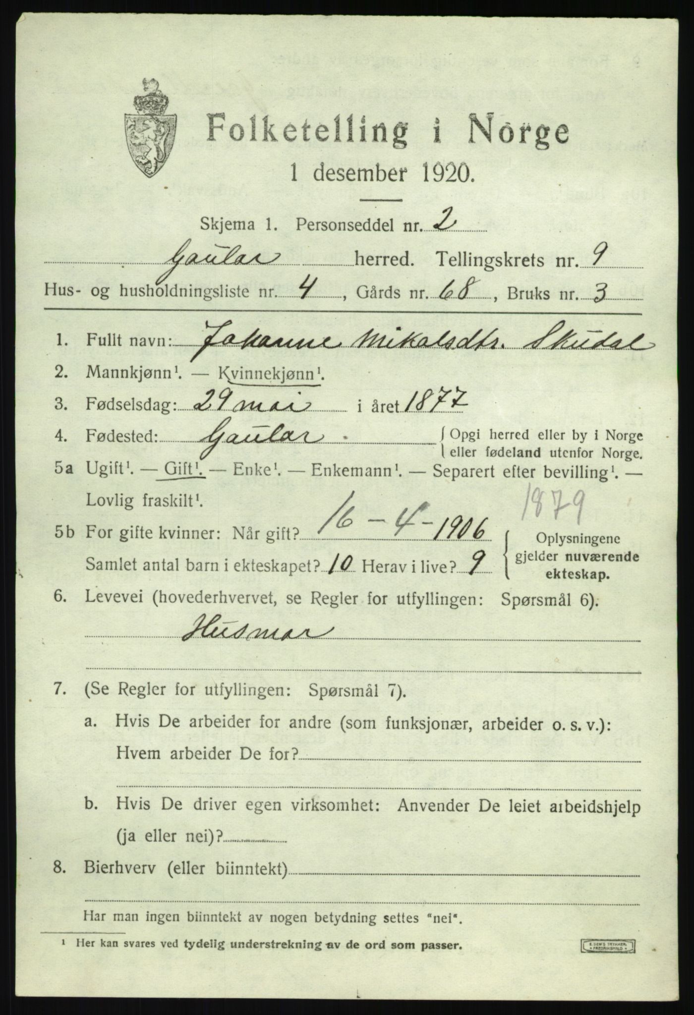 SAB, 1920 census for Gaular, 1920, p. 4174