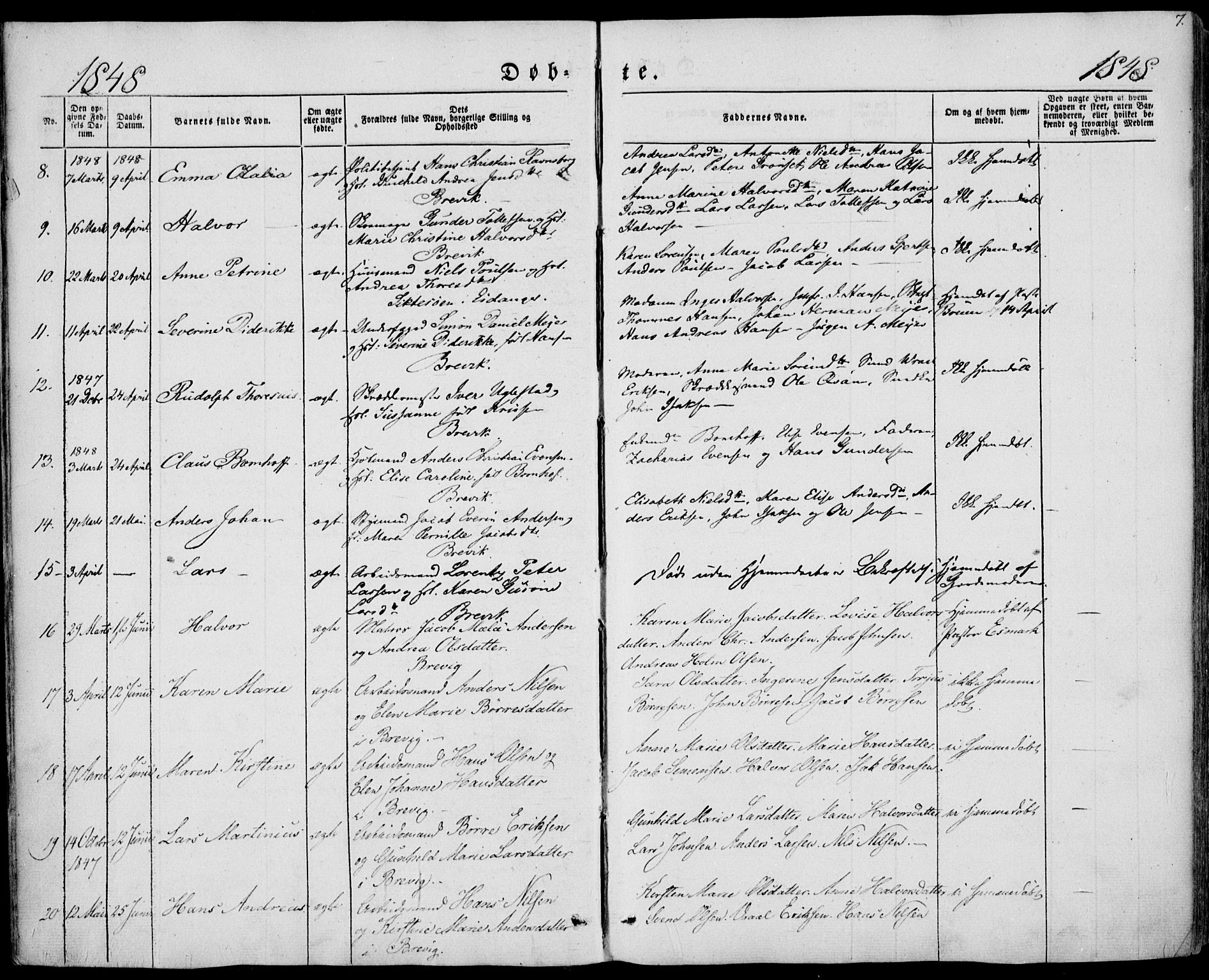 Brevik kirkebøker, AV/SAKO-A-255/F/Fa/L0005: Parish register (official) no. 5, 1847-1865, p. 7