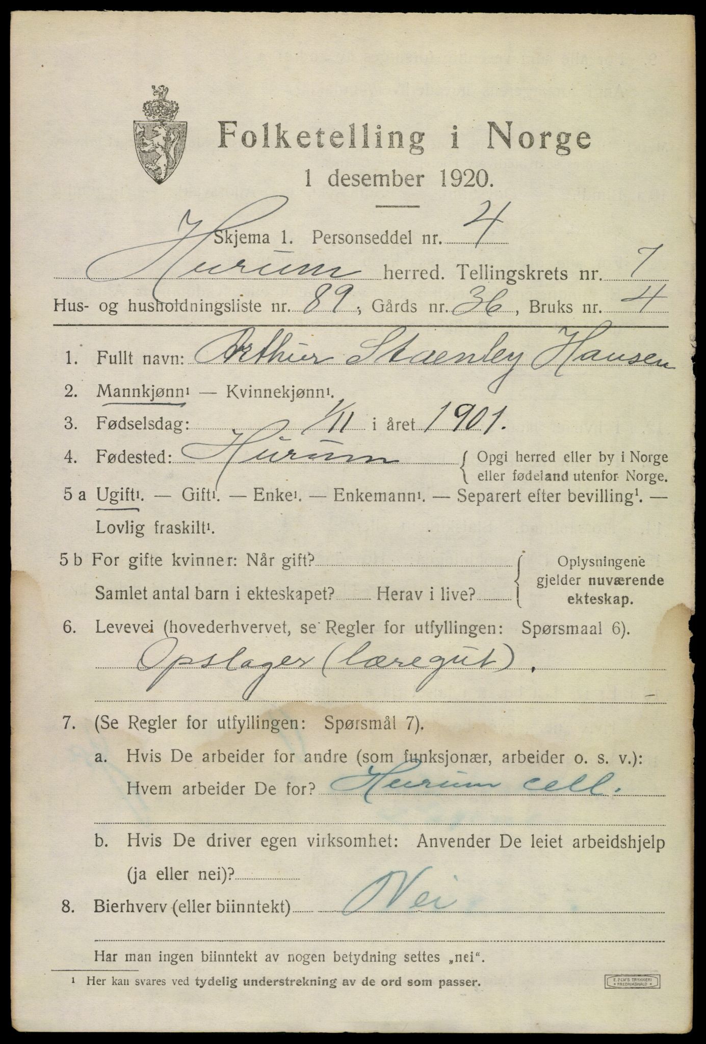 SAKO, 1920 census for Hurum, 1920, p. 10118