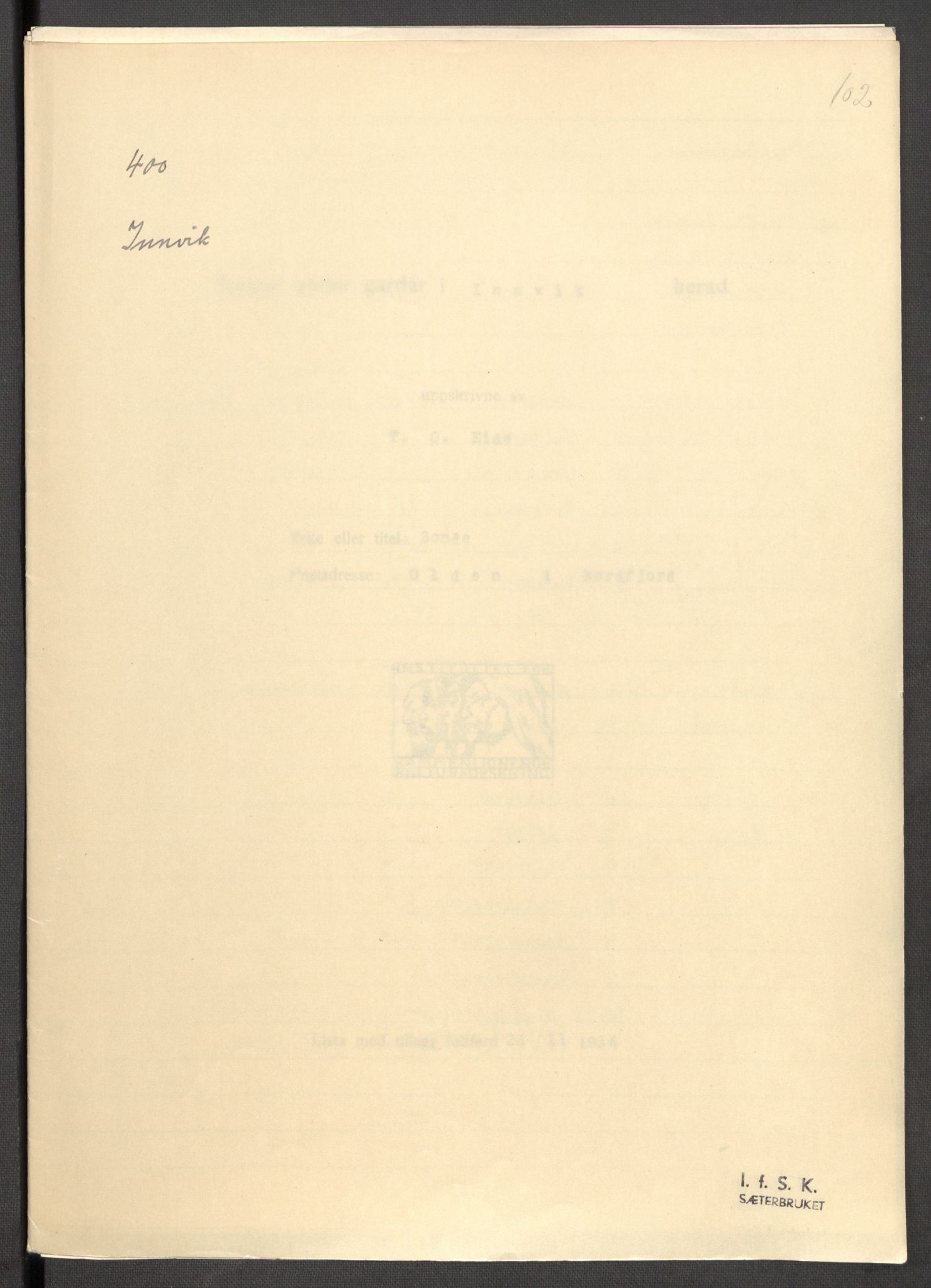 Instituttet for sammenlignende kulturforskning, RA/PA-0424/F/Fc/L0012/0001: Eske B12: / Sogn og Fjordane (perm XXXI), 1933-1937, p. 102