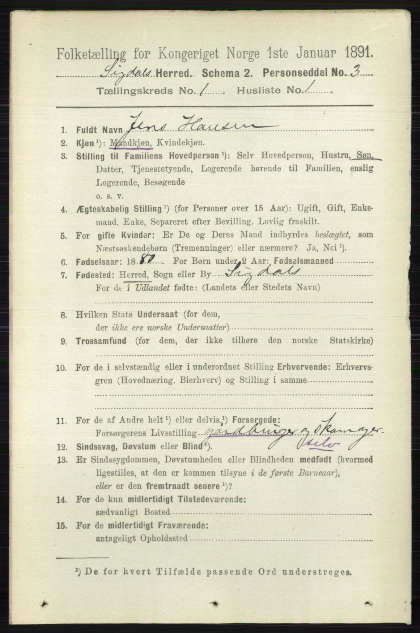 RA, 1891 census for 0621 Sigdal, 1891, p. 189