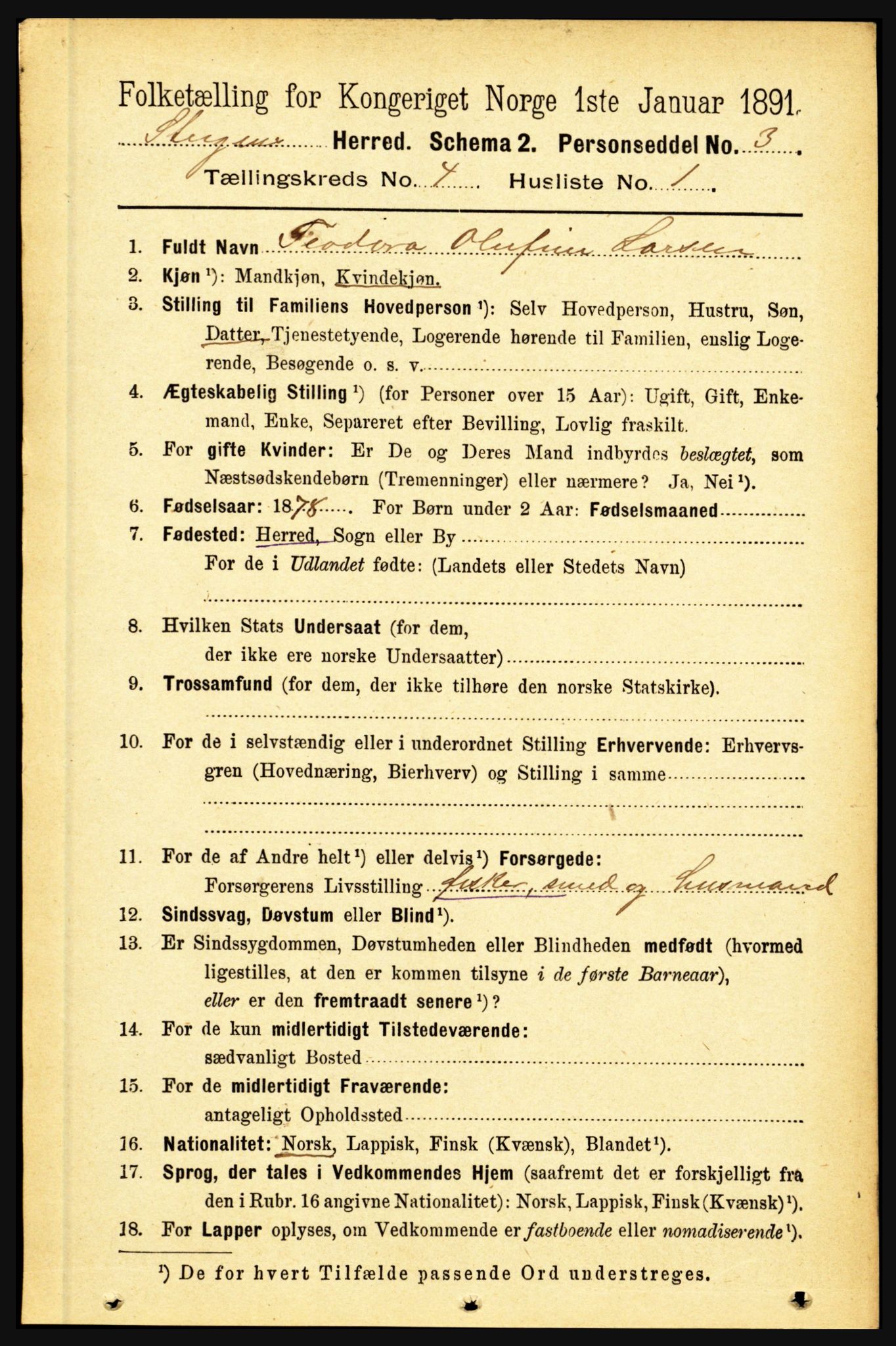 RA, 1891 census for 1848 Steigen, 1891, p. 1454