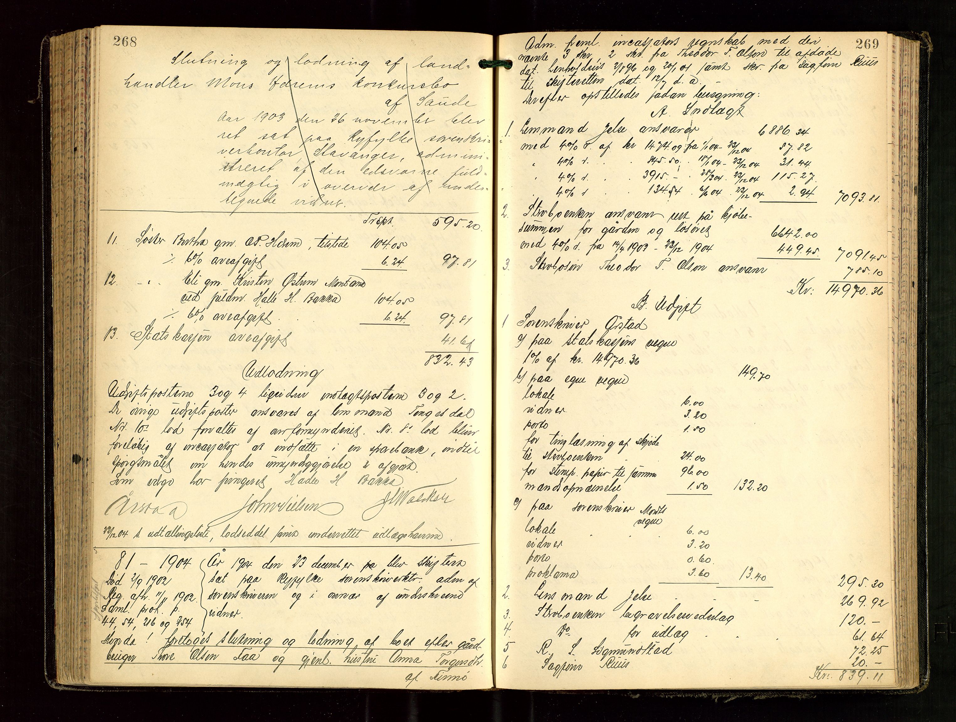 Ryfylke tingrett, AV/SAST-A-100055/001/IV/IVG/L0002: Skifteutlodningsprotokoll Med register, 1903-1907, p. 268-269