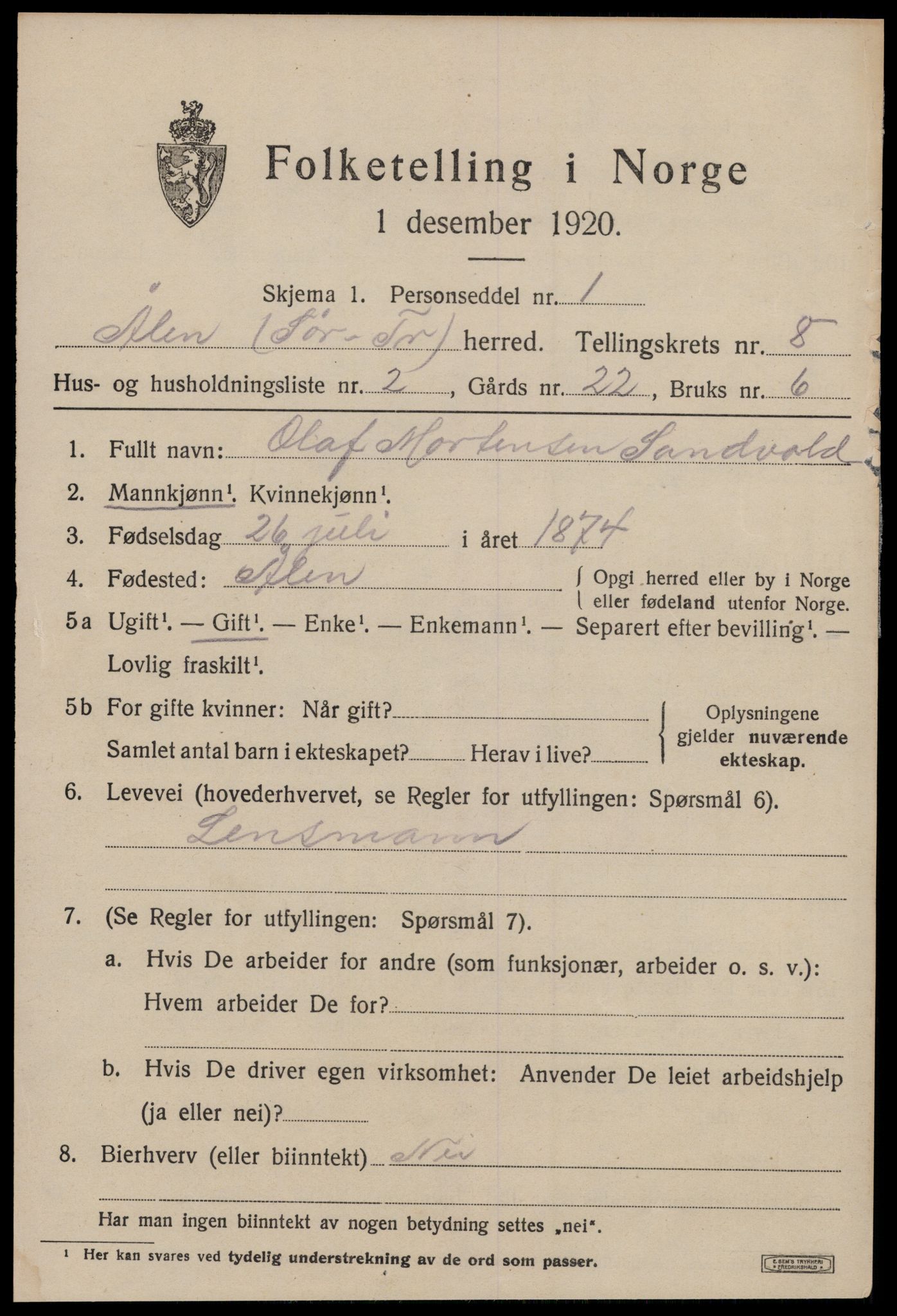 SAT, 1920 census for Ålen, 1920, p. 3598