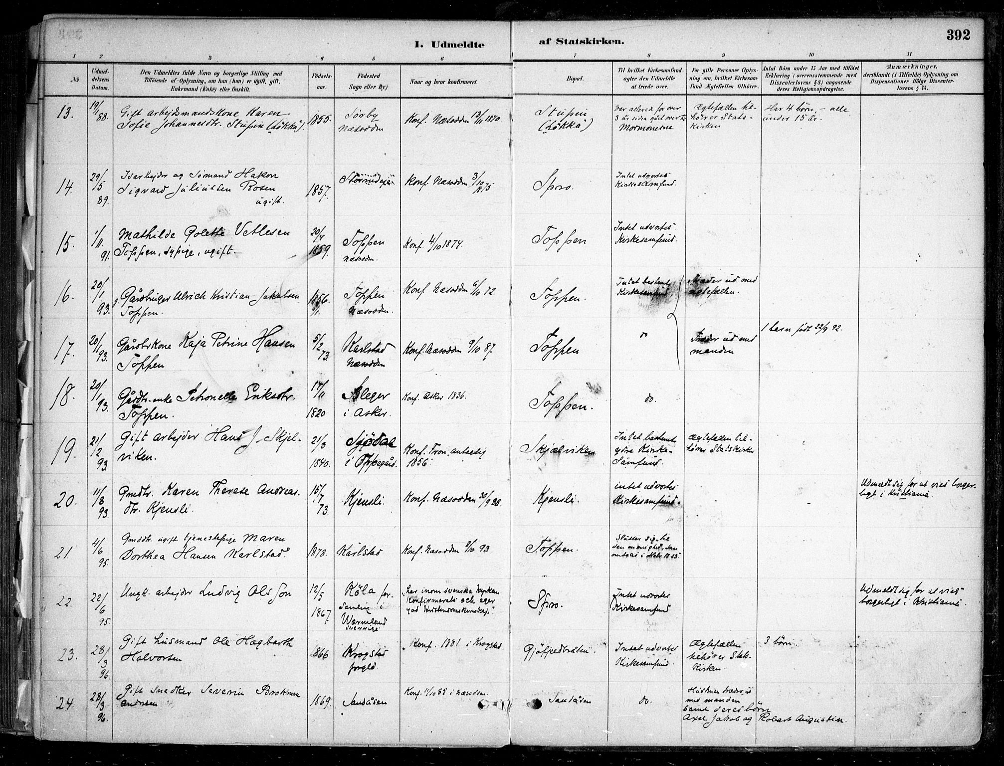 Nesodden prestekontor Kirkebøker, SAO/A-10013/F/Fa/L0009: Parish register (official) no. I 9, 1880-1915, p. 392