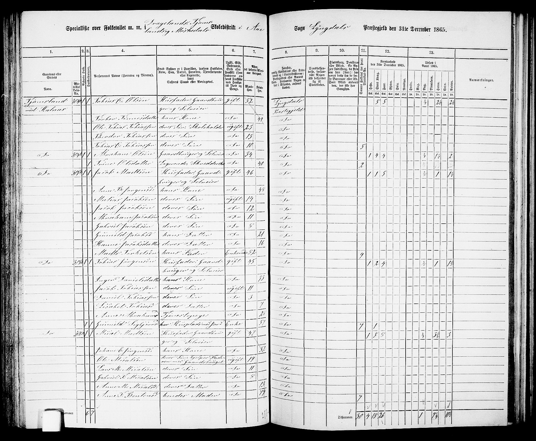 RA, 1865 census for Lyngdal, 1865, p. 139