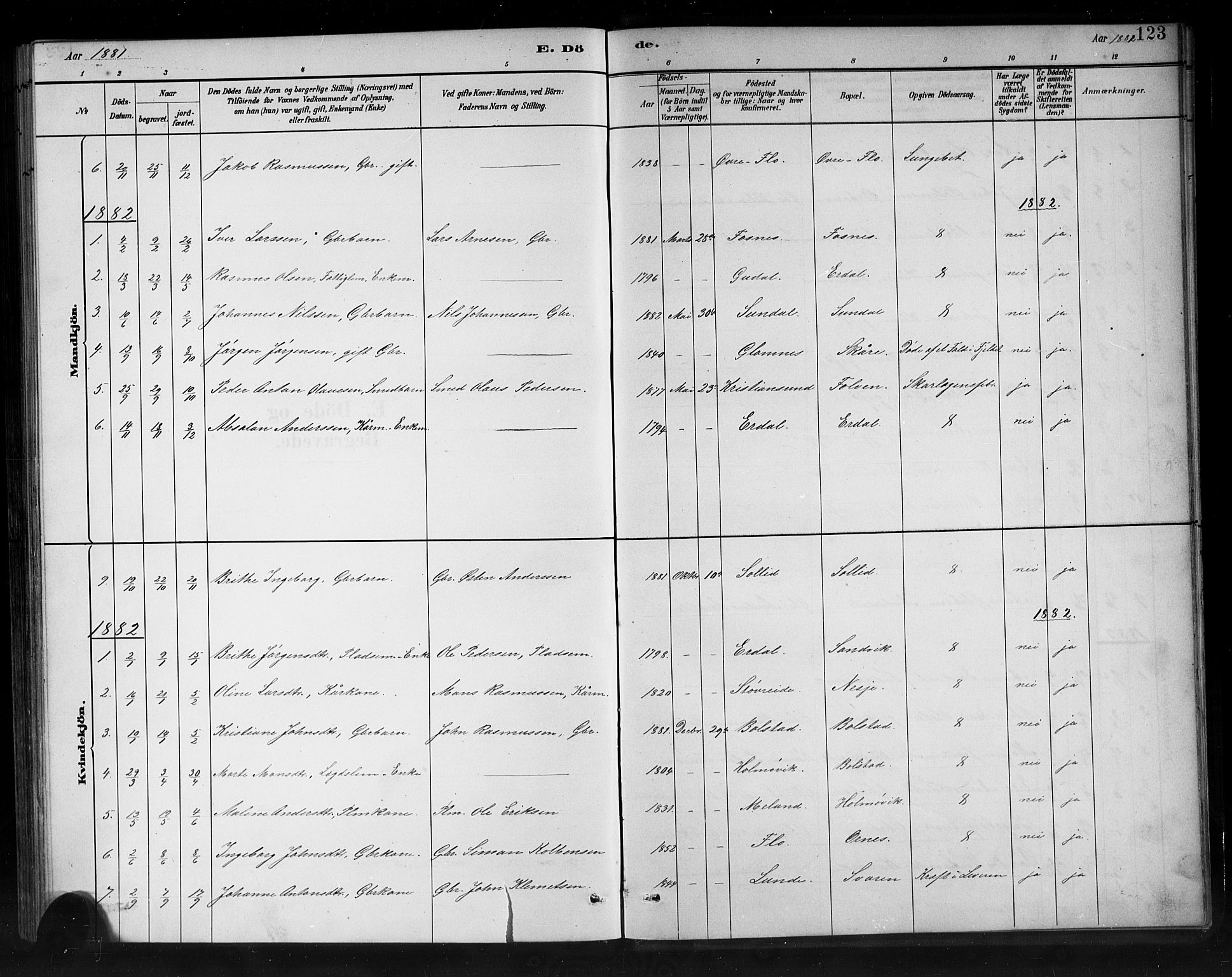 Stryn Sokneprestembete, SAB/A-82501: Parish register (copy) no. C 3, 1881-1905, p. 123