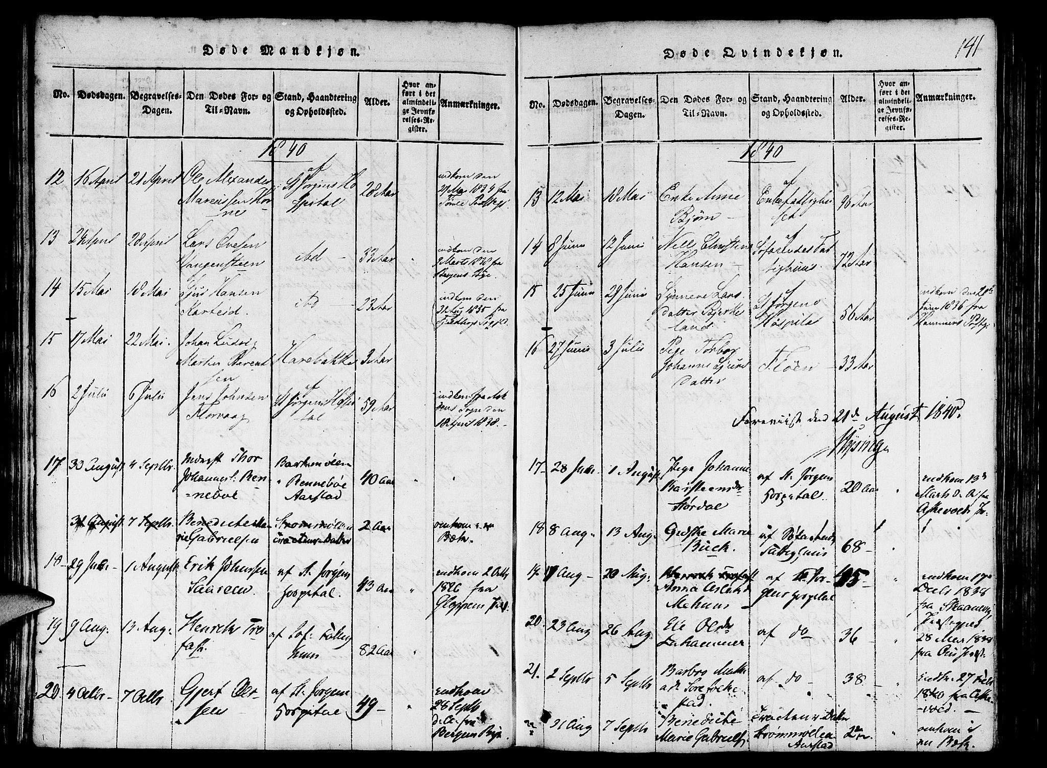 St. Jørgens hospital og Årstad sokneprestembete, AV/SAB-A-99934: Parish register (official) no. A 3, 1815-1843, p. 141