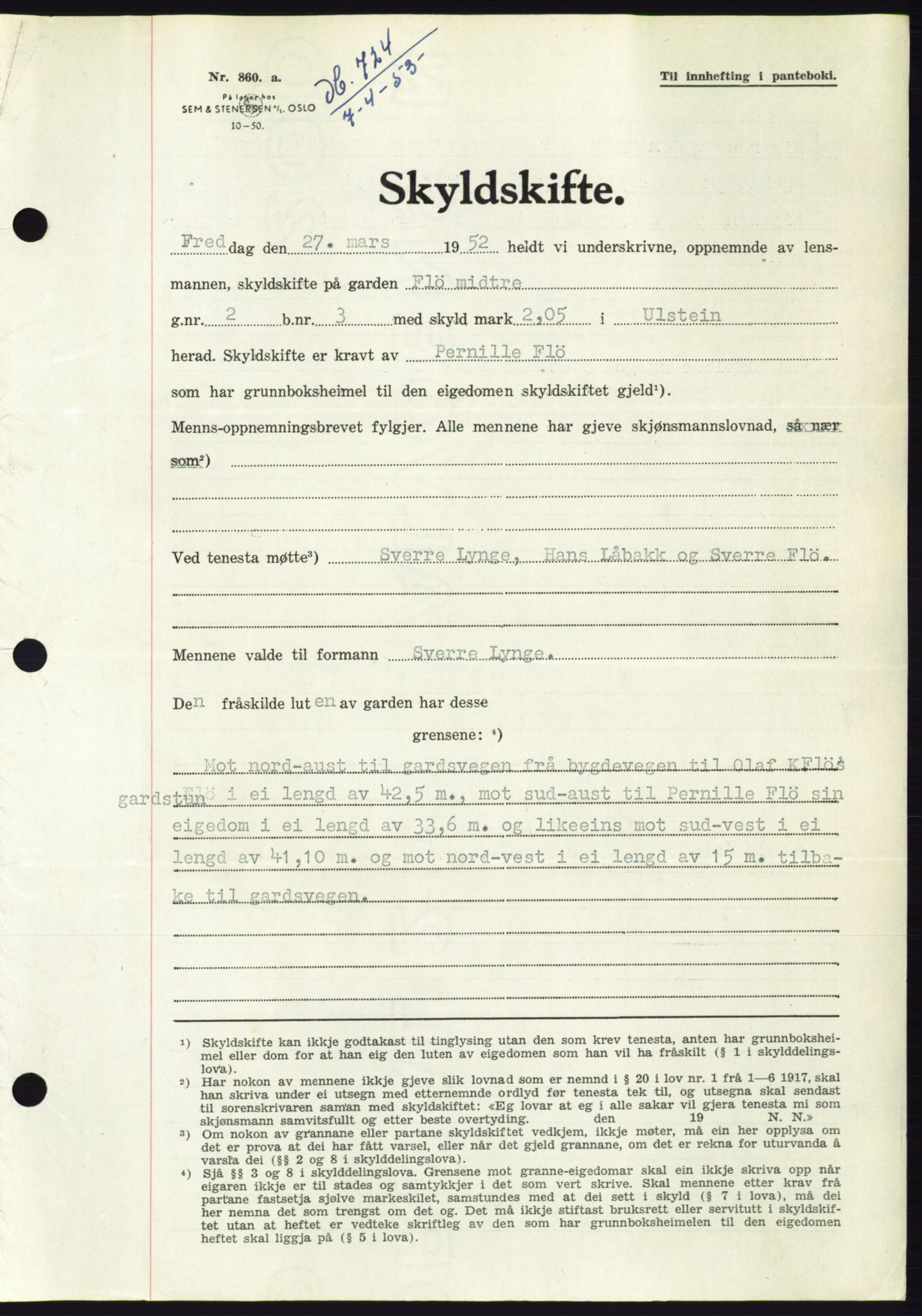 Søre Sunnmøre sorenskriveri, AV/SAT-A-4122/1/2/2C/L0094: Mortgage book no. 20A, 1953-1953, Diary no: : 724/1953