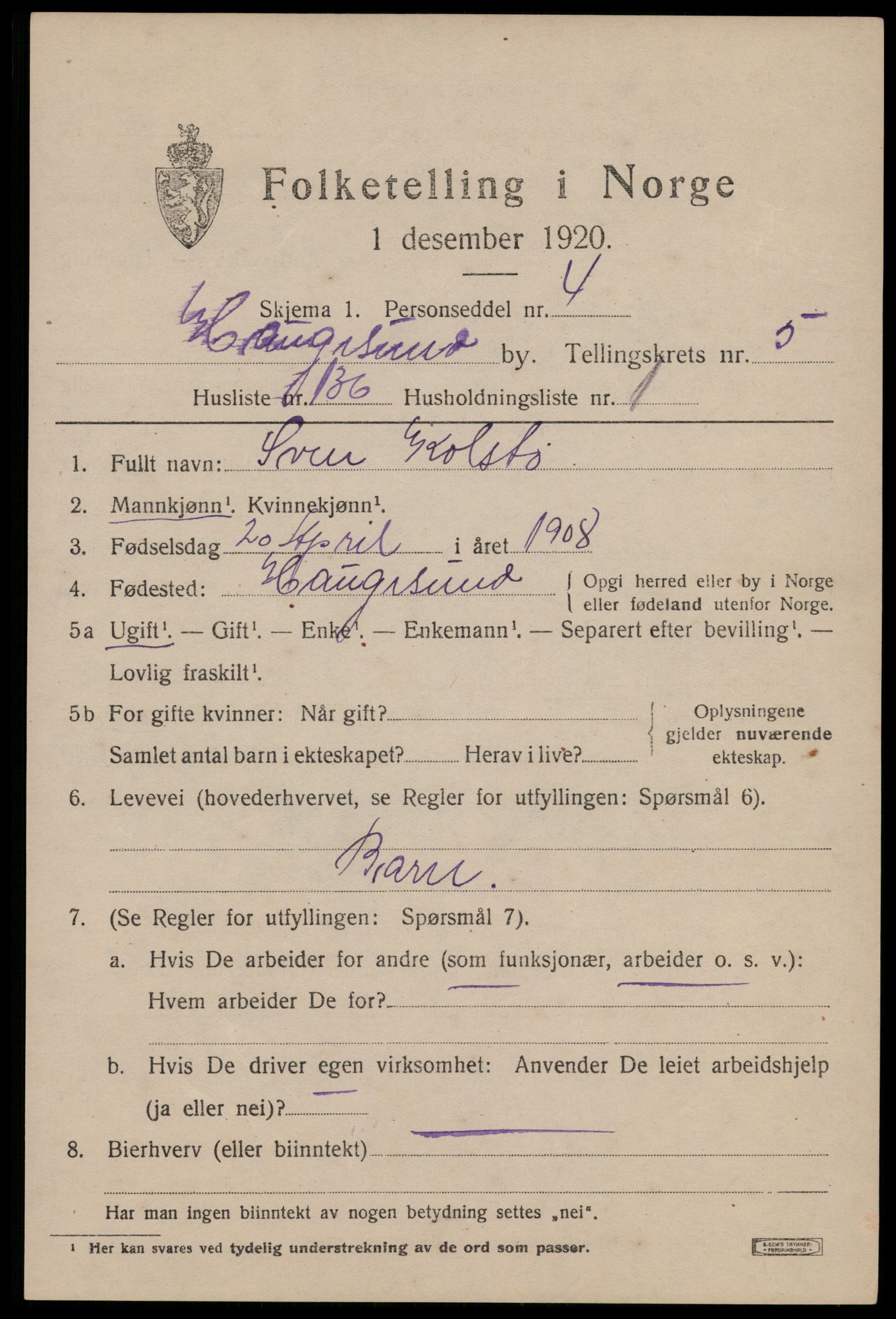 SAST, 1920 census for Haugesund, 1920, p. 20661