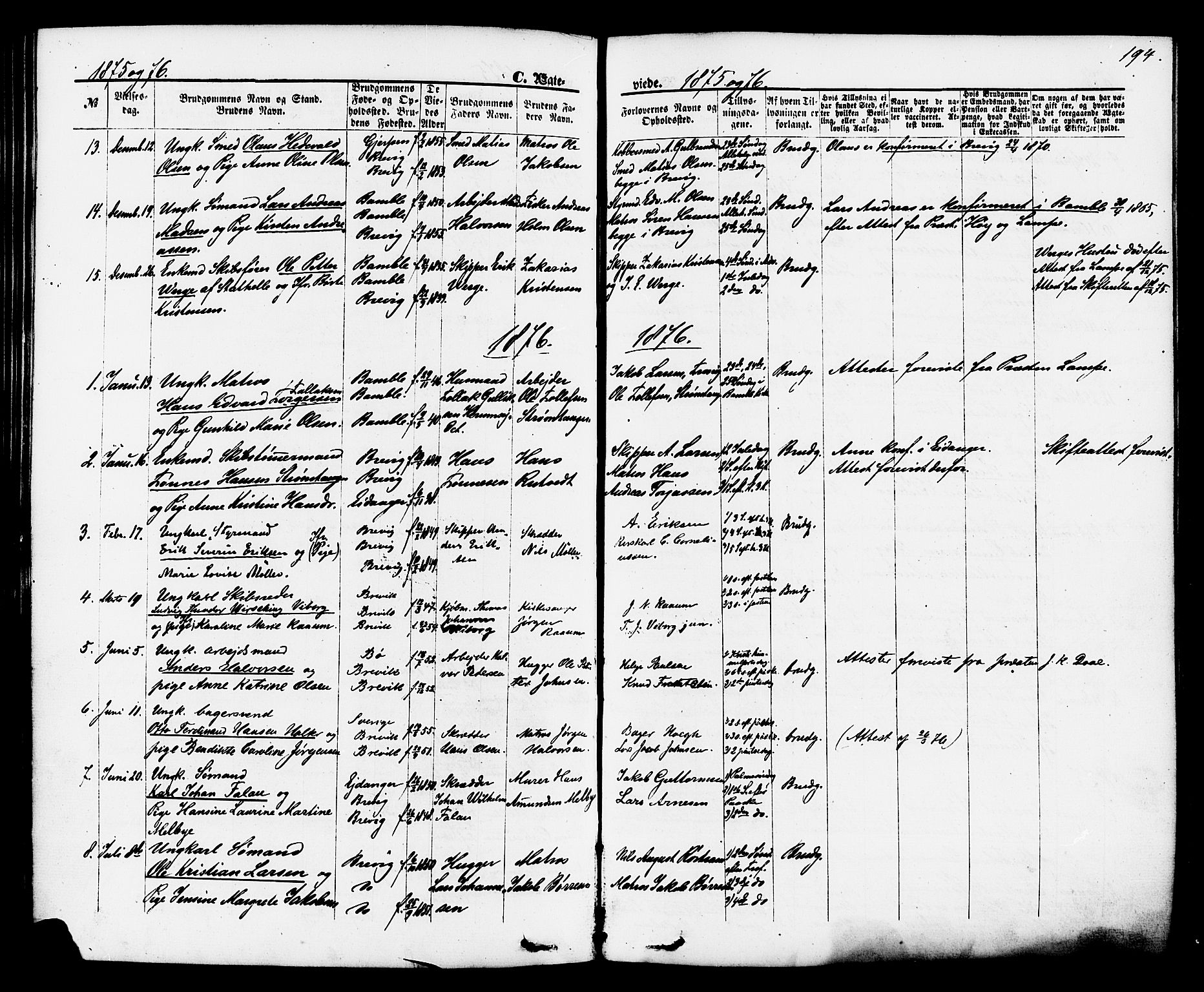 Brevik kirkebøker, AV/SAKO-A-255/F/Fa/L0006: Parish register (official) no. 6, 1866-1881, p. 194