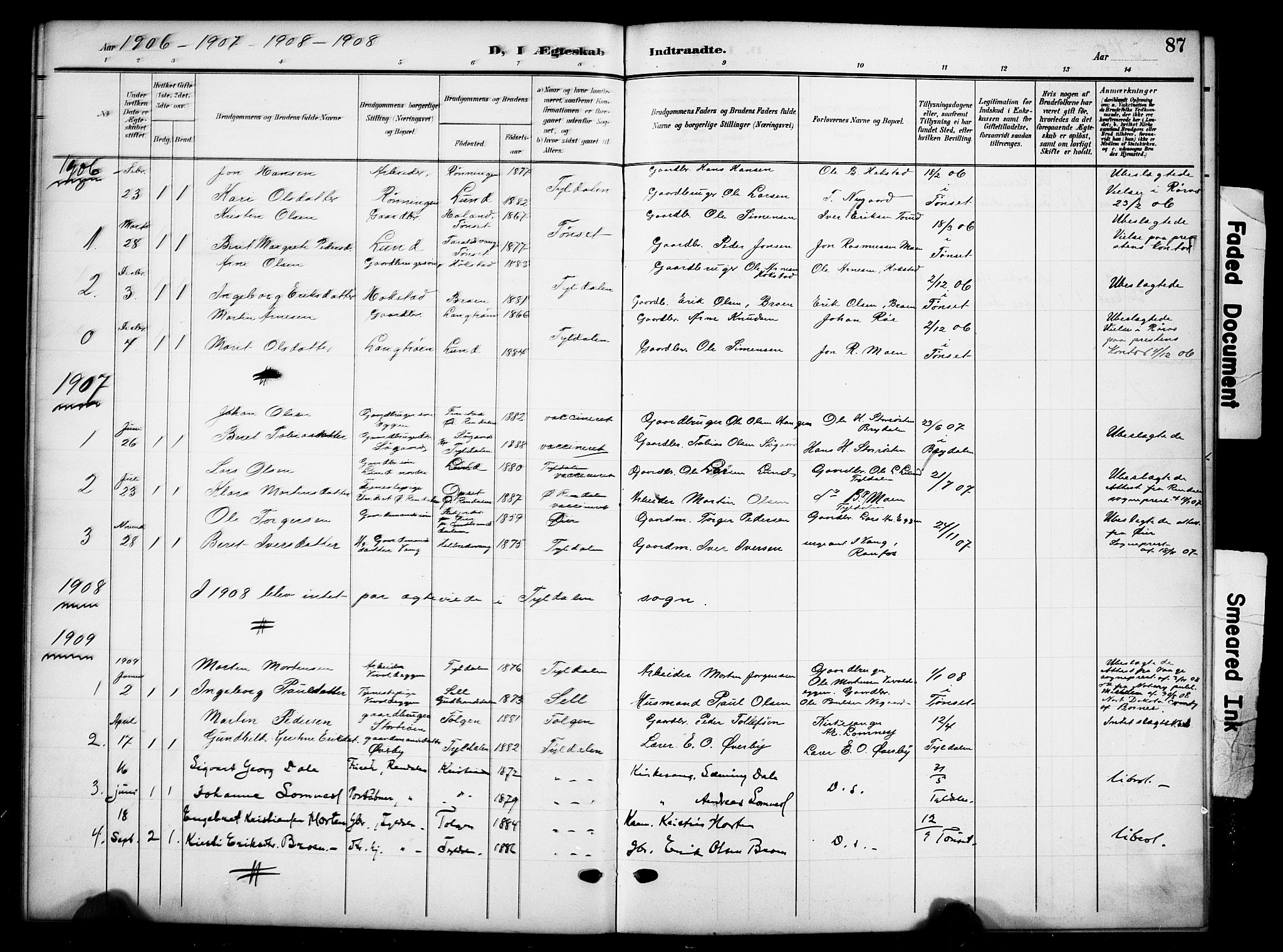 Tynset prestekontor, AV/SAH-PREST-058/H/Ha/Hab/L0010: Parish register (copy) no. 10, 1902-1929, p. 87
