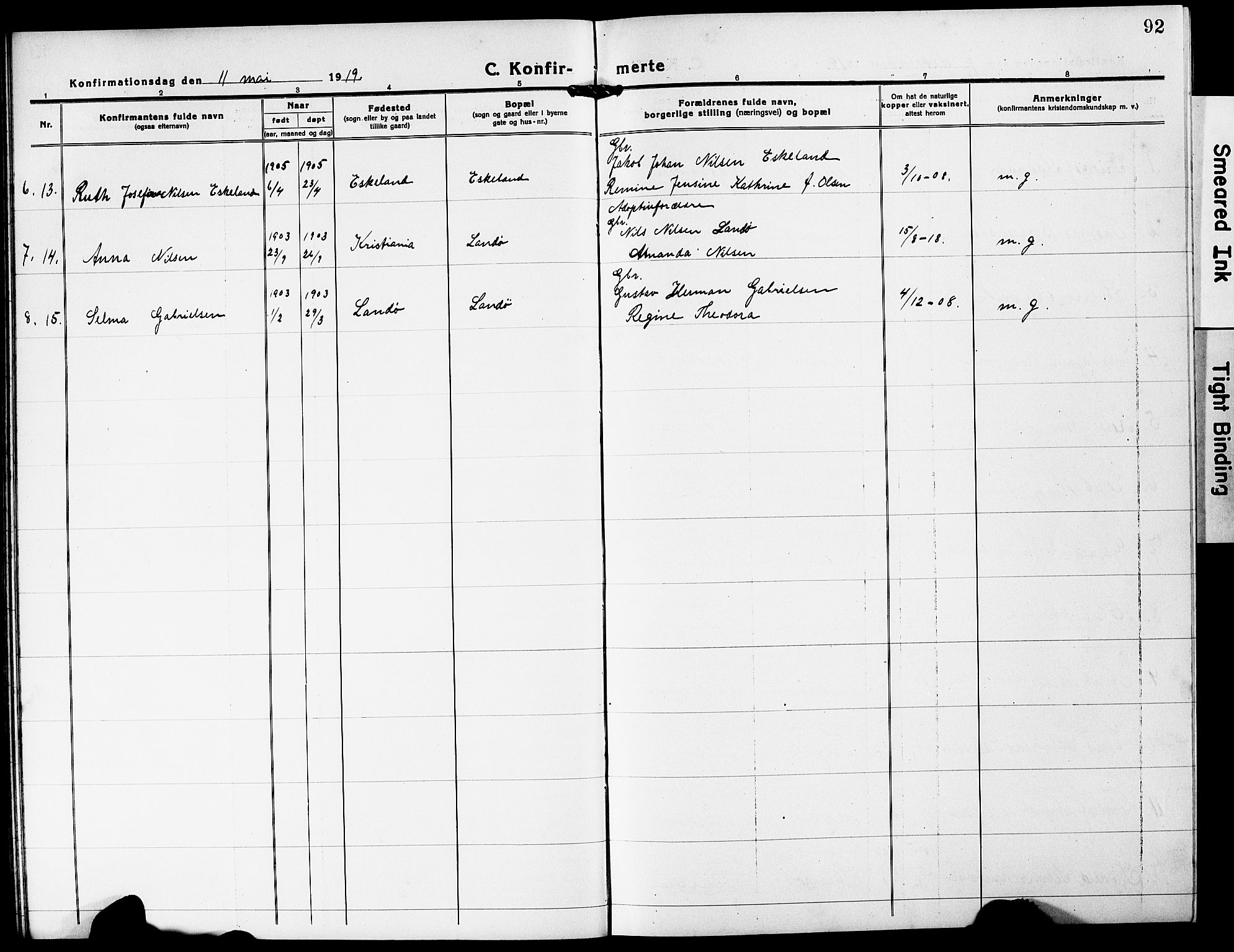 Mandal sokneprestkontor, AV/SAK-1111-0030/F/Fb/Fba/L0013: Parish register (copy) no. B 7, 1918-1931, p. 92