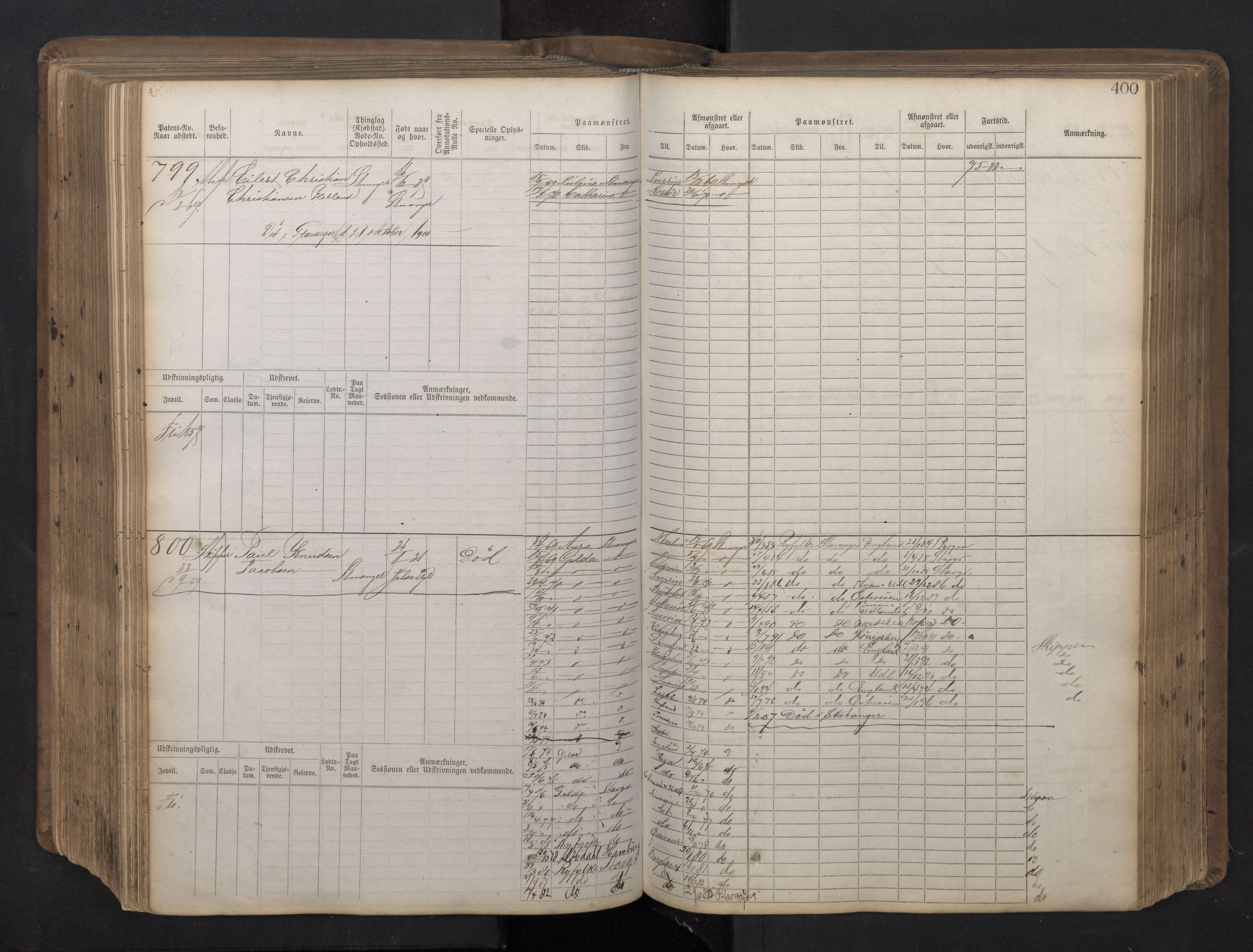 Stavanger sjømannskontor, AV/SAST-A-102006/F/Fb/Fbb/L0016: Sjøfartshovedrulle patnentnr. 1-1202 (dublett), 1869, p. 400