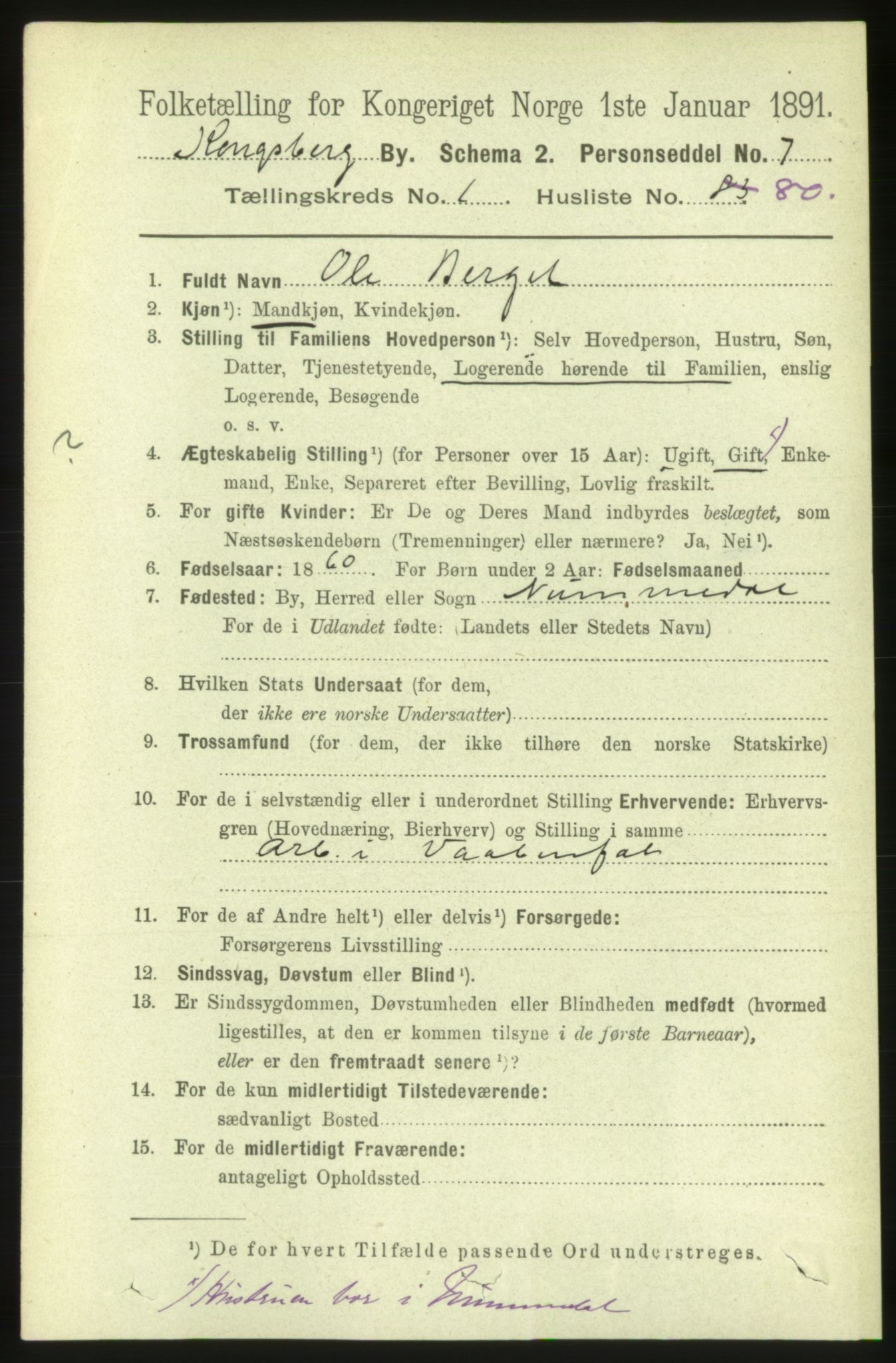 RA, 1891 census for 0604 Kongsberg, 1891, p. 2221