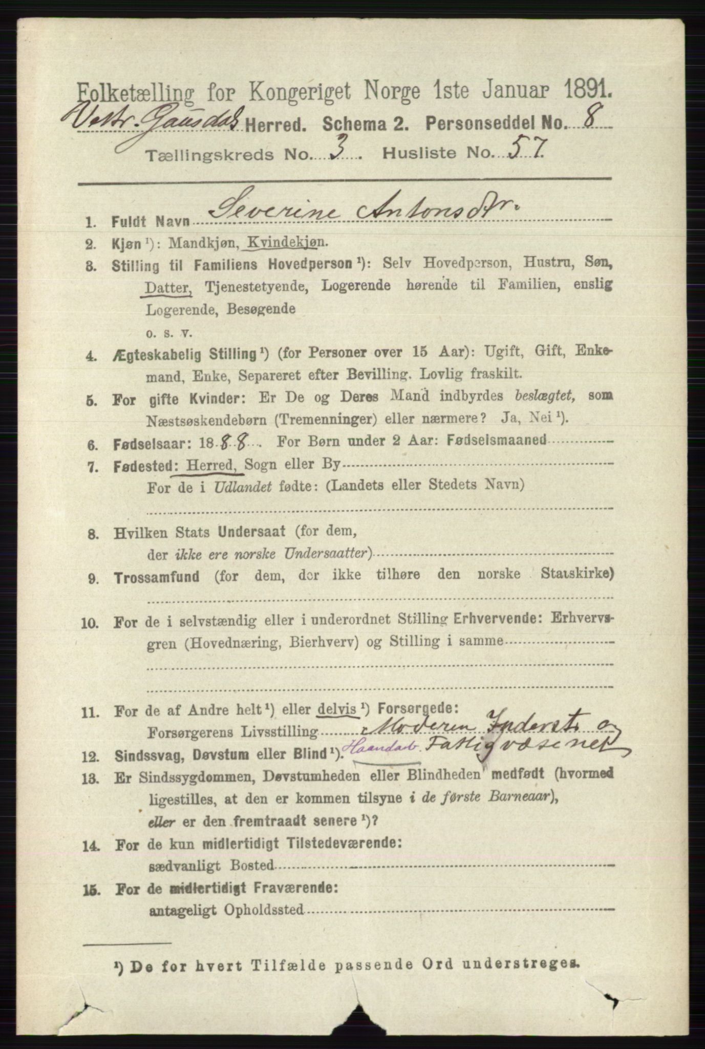 RA, 1891 census for 0523 Vestre Gausdal, 1891, p. 1636