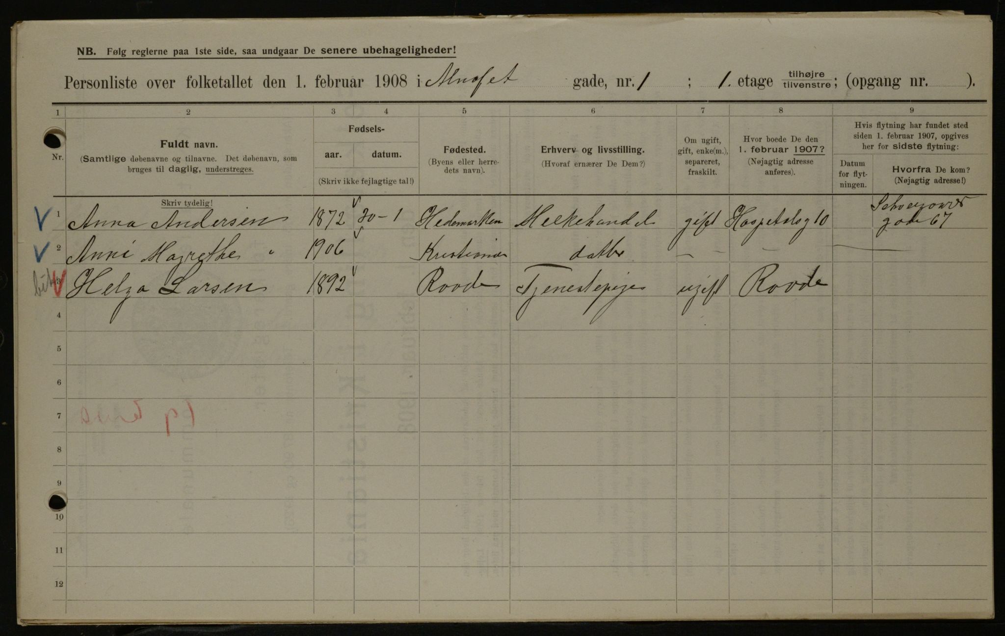 OBA, Municipal Census 1908 for Kristiania, 1908, p. 1242