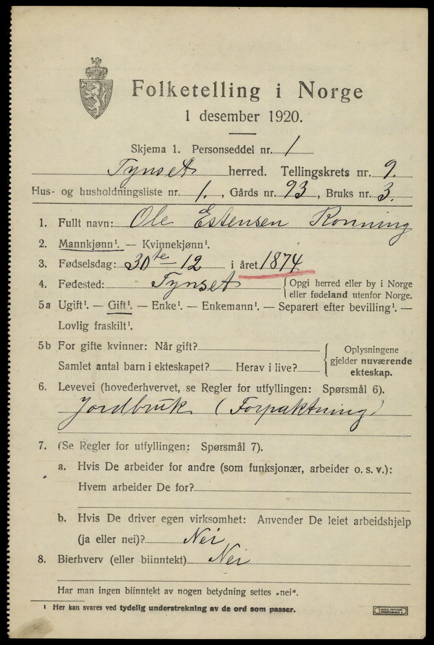 SAH, 1920 census for Tynset, 1920, p. 7140