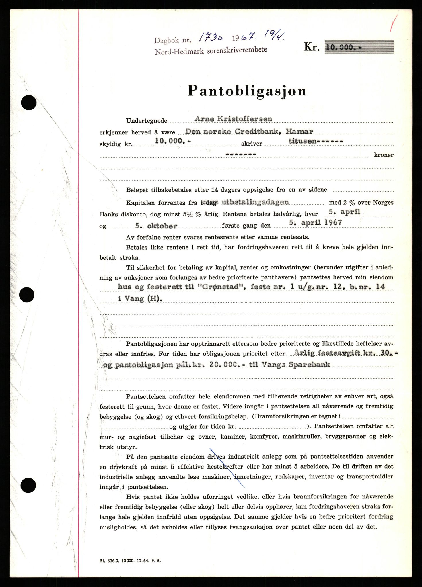 Nord-Hedmark sorenskriveri, SAH/TING-012/H/Hb/Hbf/L0071: Mortgage book no. B71, 1967-1967, Diary no: : 1730/1967