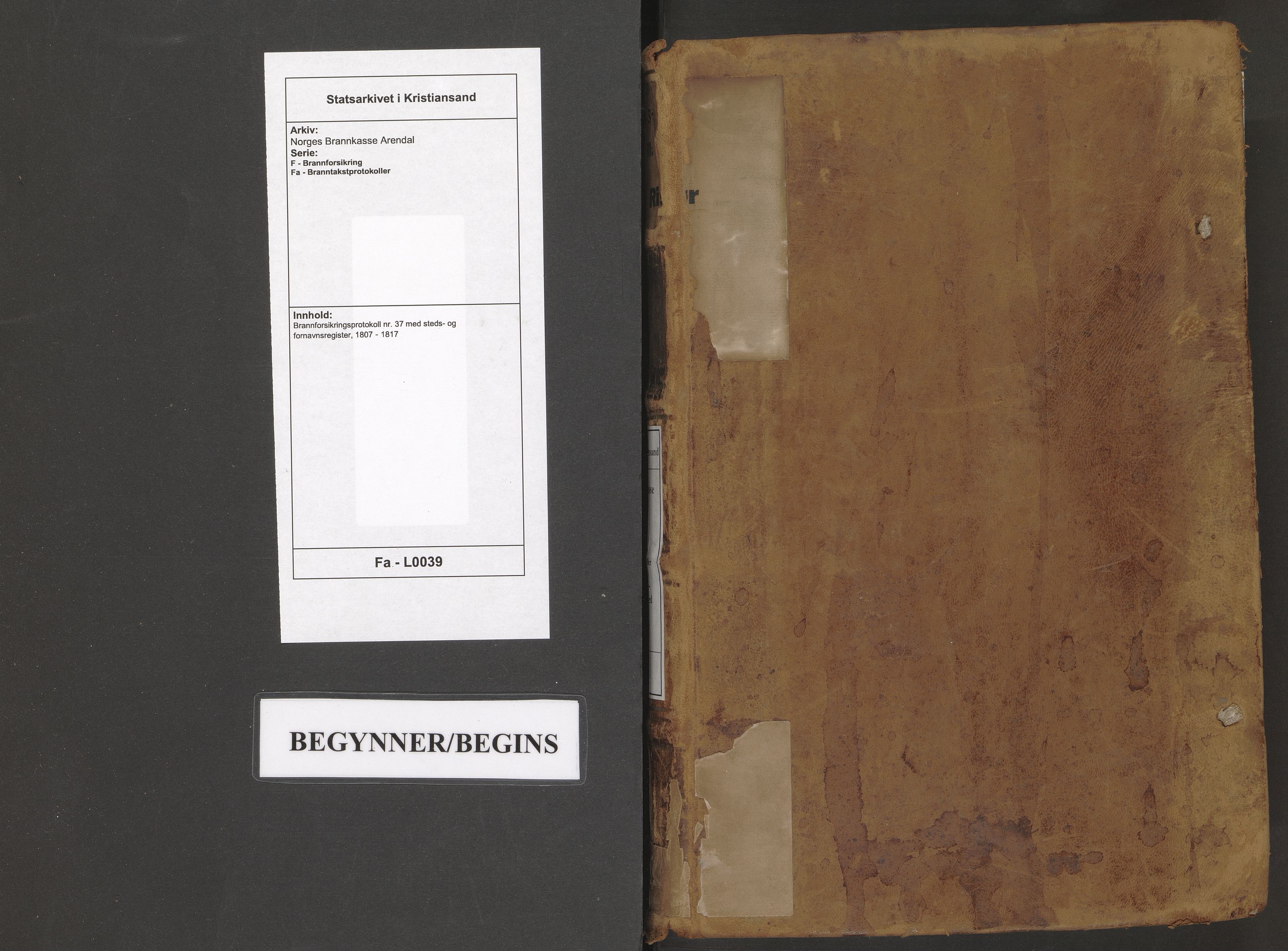 Norges Brannkasse Arendal, AV/SAK-2241-0002/F/Fa/L0039: Brannforsikringsprotokoll nr. 37 med steds- og fornavnsregister, 1807-1817