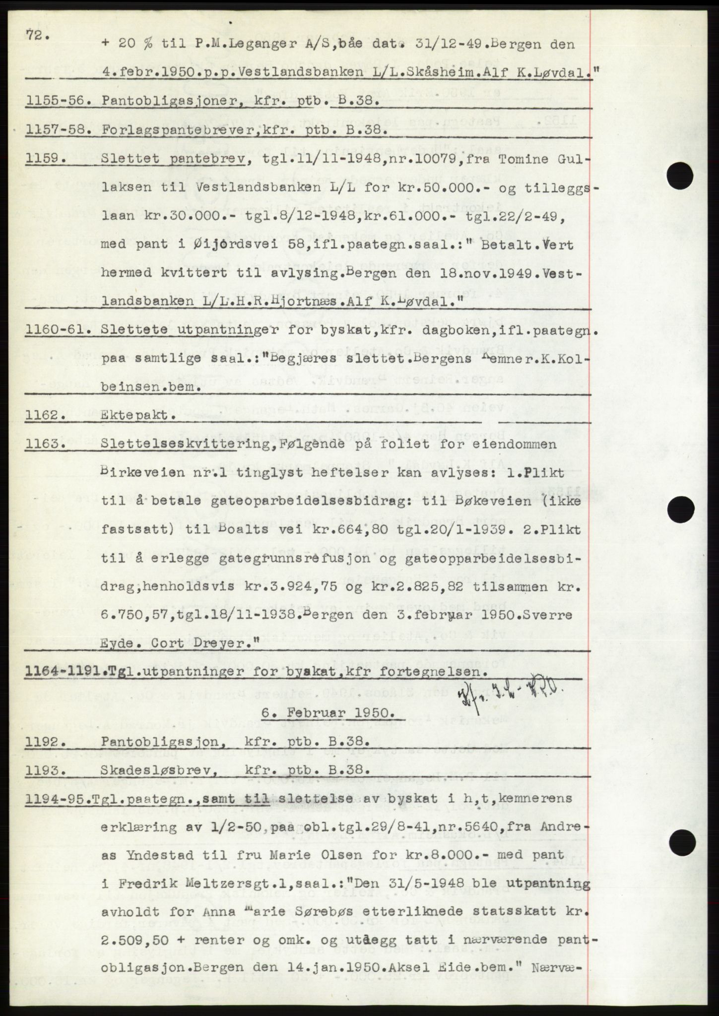 Byfogd og Byskriver i Bergen, AV/SAB-A-3401/03: Mortgage book no. C 38, 1949-1950, Diary no: : 1155/1950