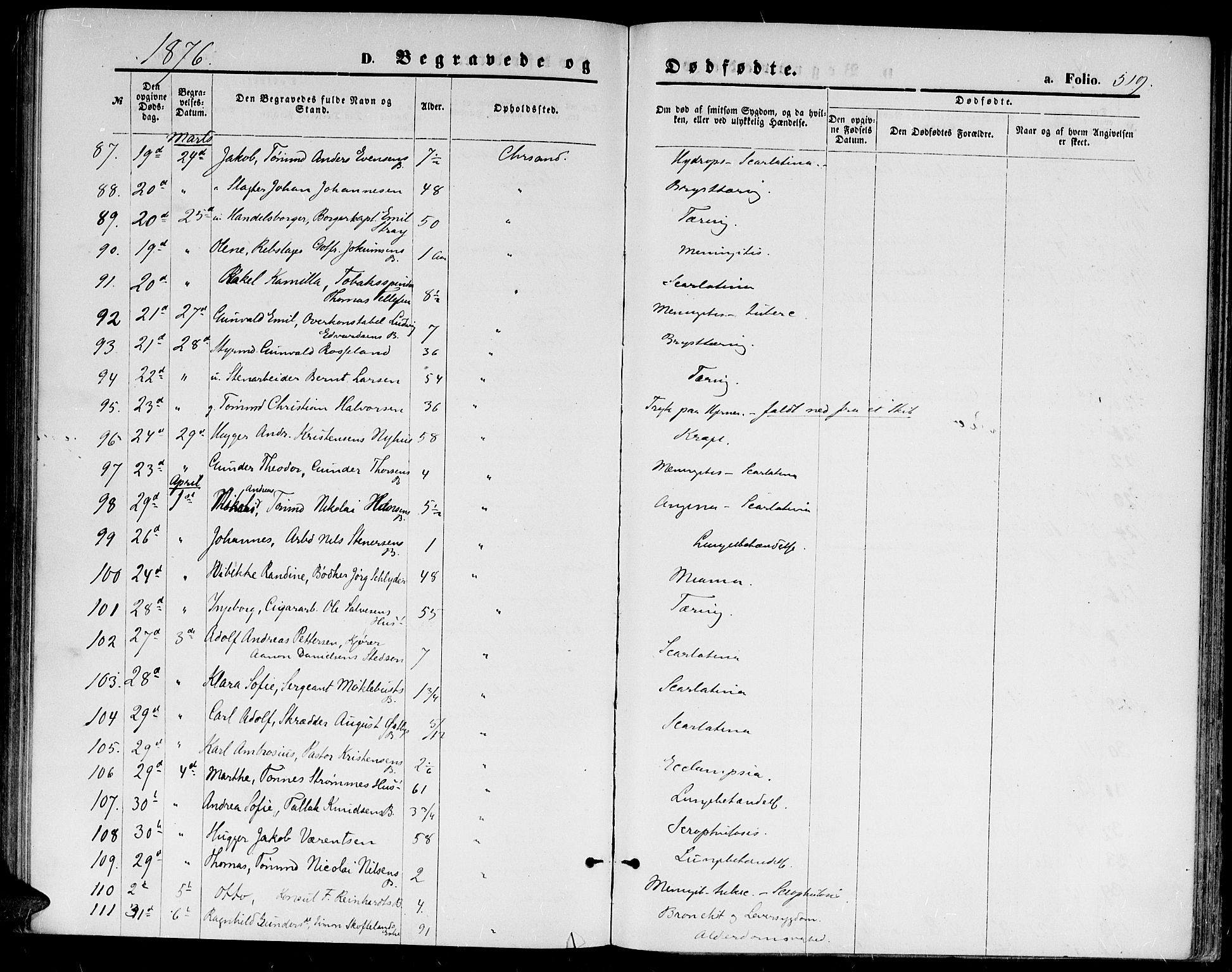 Kristiansand domprosti, AV/SAK-1112-0006/F/Fb/L0013: Parish register (copy) no. B 13, 1871-1880, p. 519