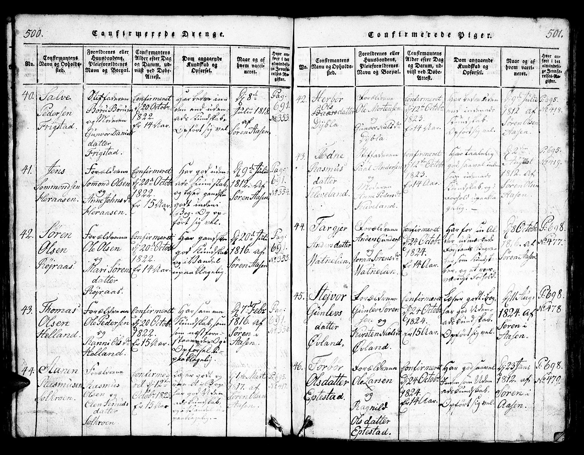 Bjelland sokneprestkontor, SAK/1111-0005/F/Fb/Fbb/L0003: Parish register (copy) no. B 3, 1816-1868, p. 500-501