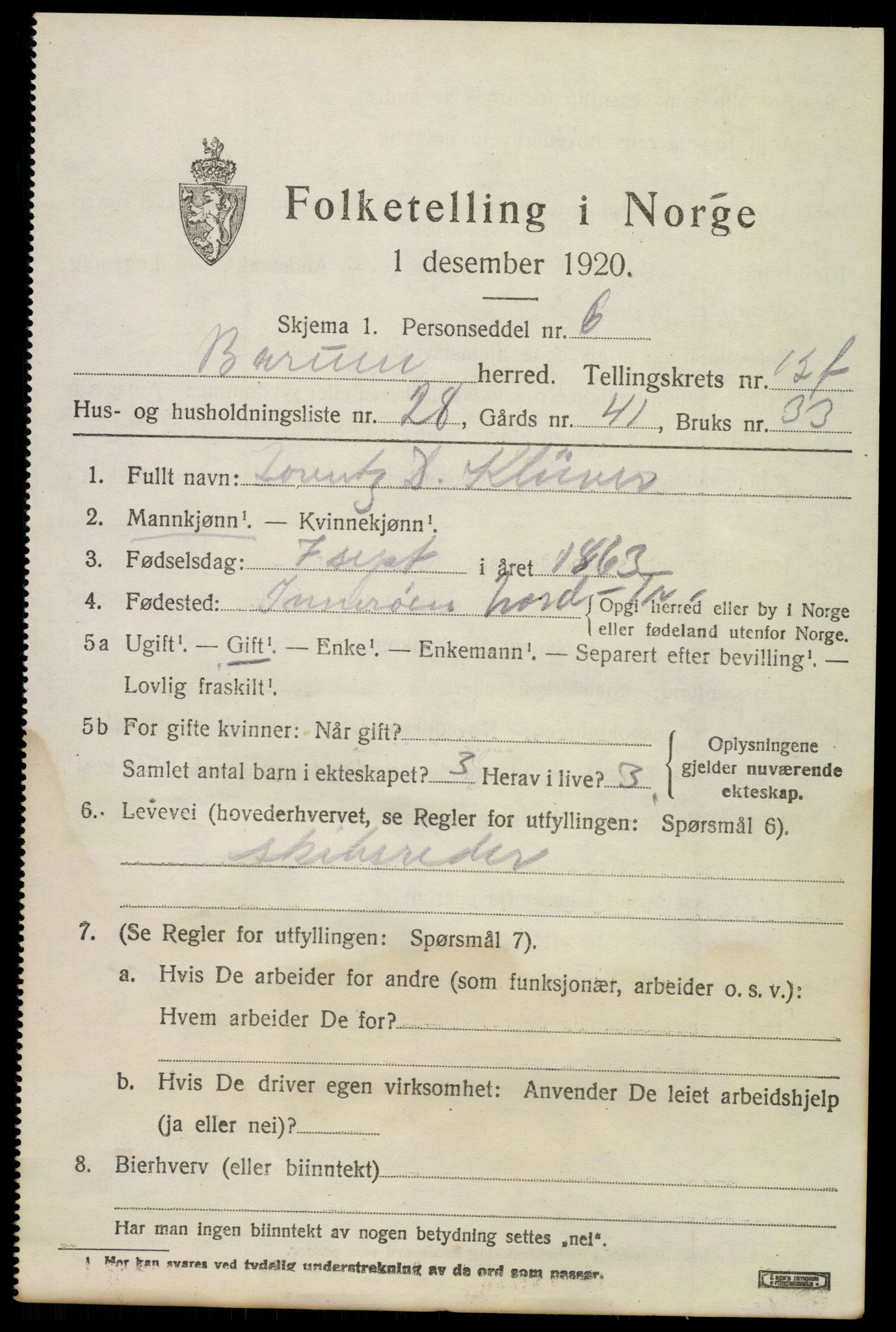 SAO, 1920 census for Bærum, 1920, p. 33026