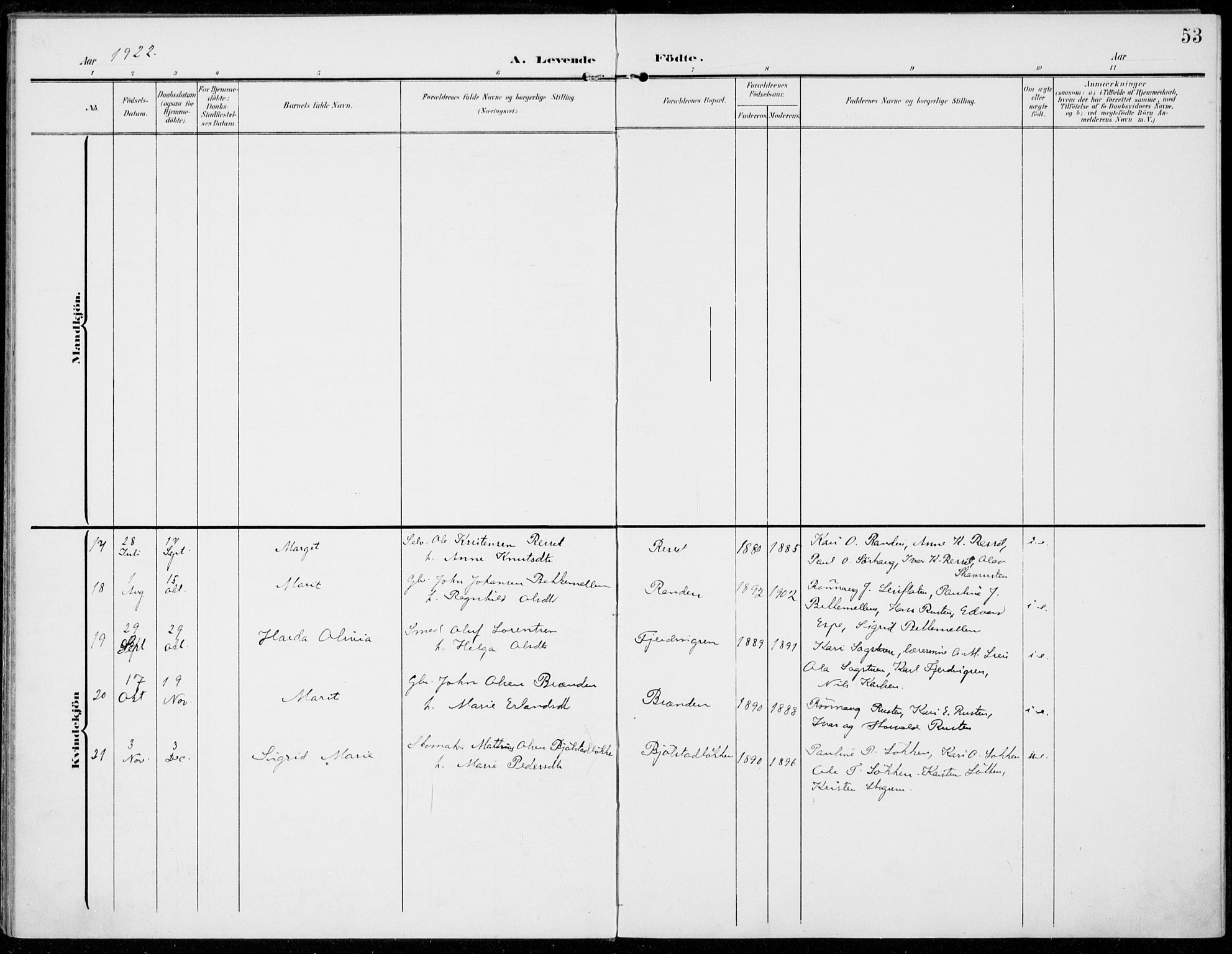 Sel prestekontor, SAH/PREST-074/H/Ha/Haa/L0001: Parish register (official) no. 1, 1905-1922, p. 53