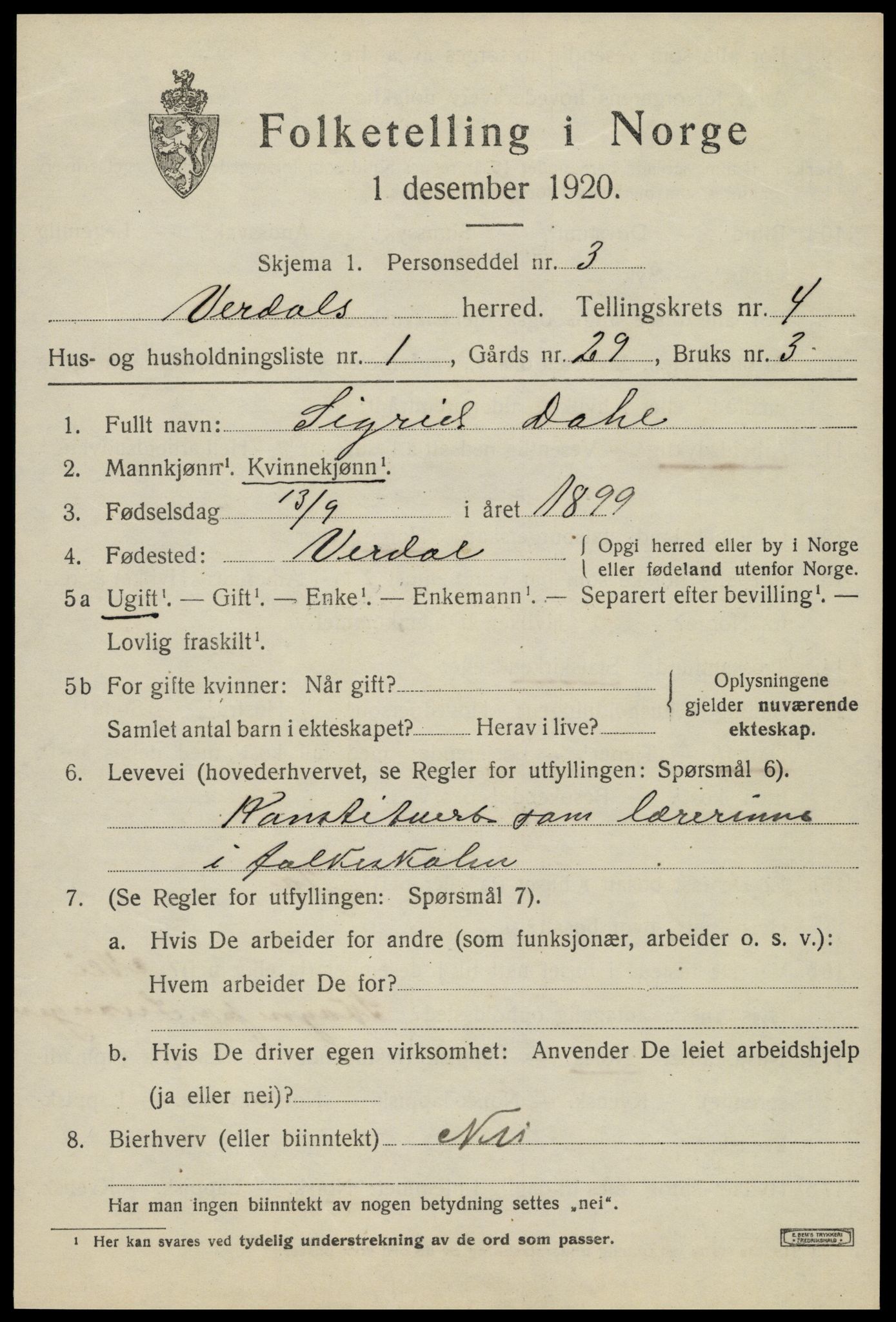 SAT, 1920 census for Verdal, 1920, p. 7587