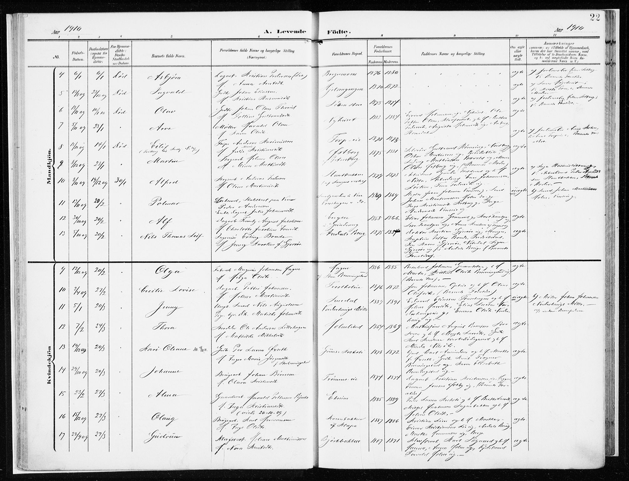 Løten prestekontor, AV/SAH-PREST-022/K/Ka/L0011: Parish register (official) no. 11, 1908-1917, p. 22