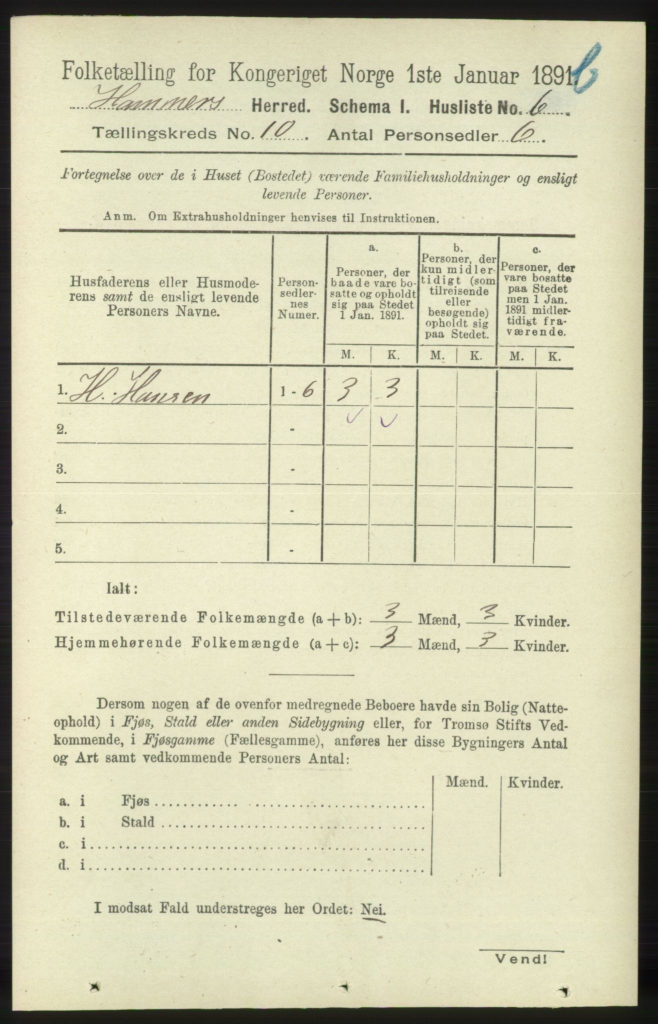 RA, 1891 census for 1254 Hamre, 1891, p. 3032