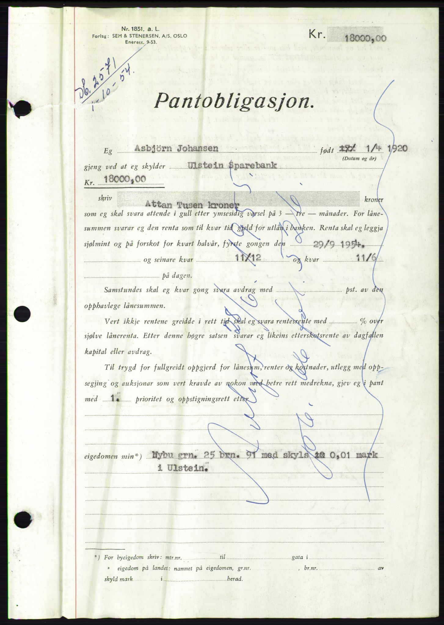 Søre Sunnmøre sorenskriveri, AV/SAT-A-4122/1/2/2C/L0126: Mortgage book no. 14B, 1954-1955, Diary no: : 2571/1954