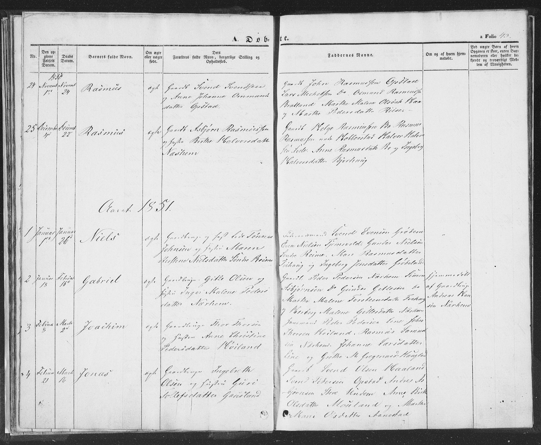 Hå sokneprestkontor, AV/SAST-A-101801/001/30BA/L0006: Parish register (official) no. A 5, 1842-1853, p. 43