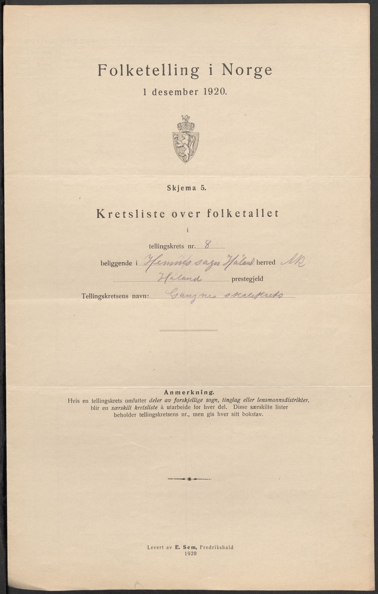 SAO, 1920 census for Høland, 1920, p. 43