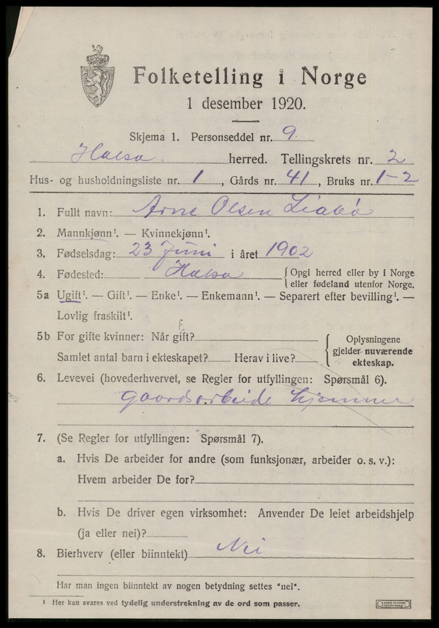 SAT, 1920 census for Halsa, 1920, p. 914