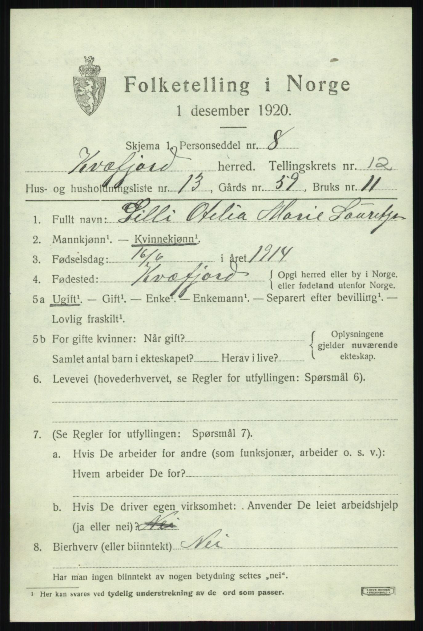 SATØ, 1920 census for Kvæfjord, 1920, p. 5849