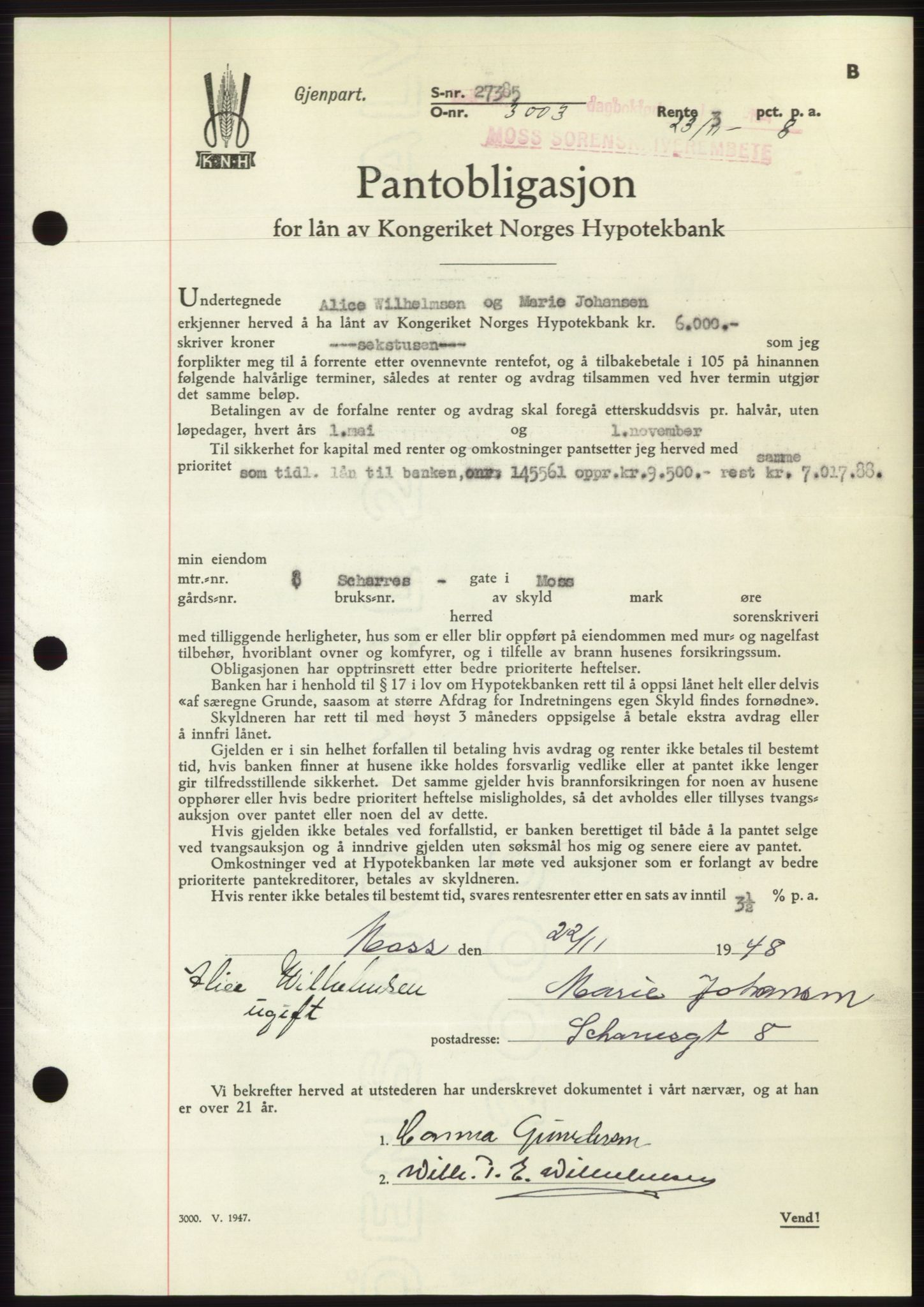 Moss sorenskriveri, AV/SAO-A-10168: Mortgage book no. B20, 1948-1948, Diary no: : 3003/1948